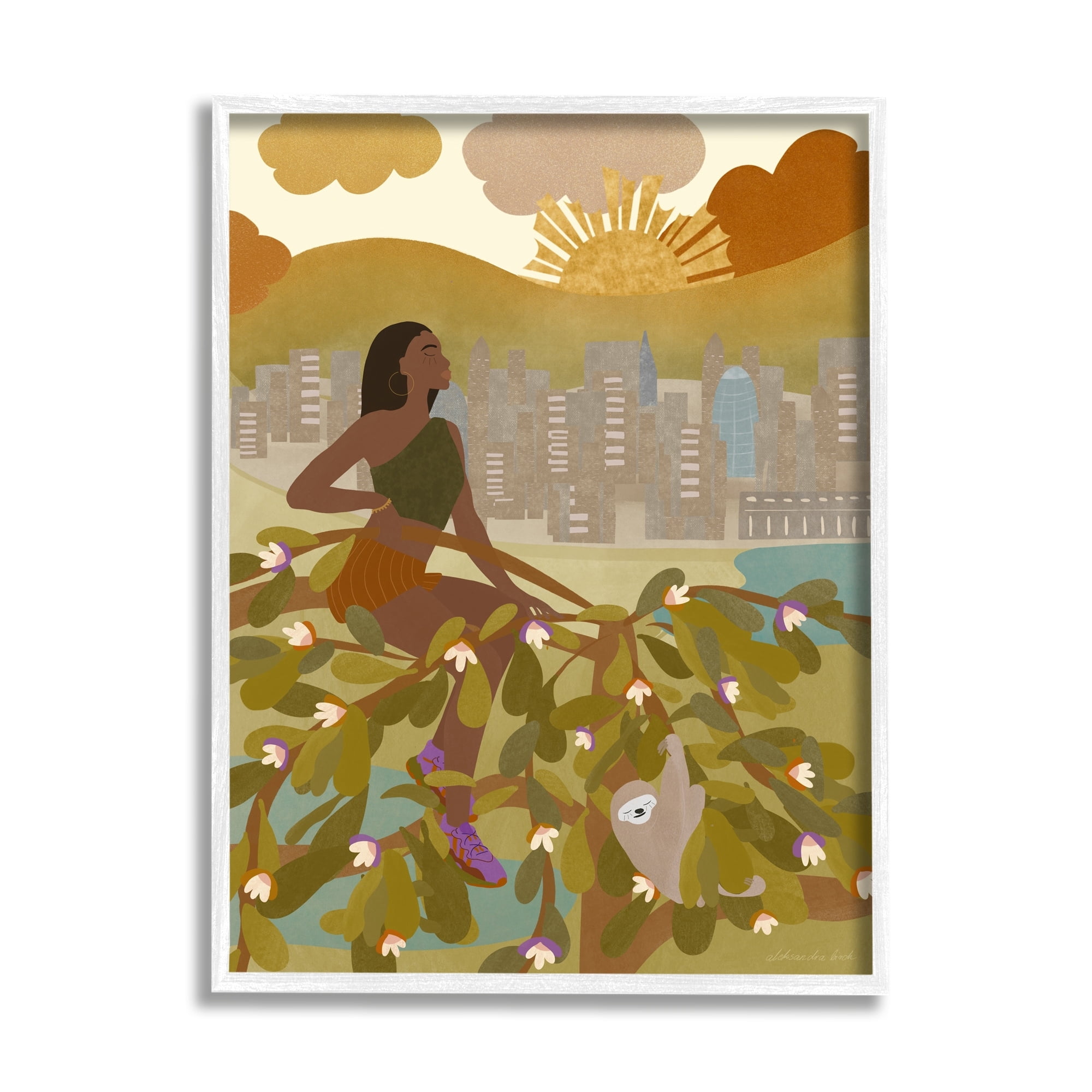 Stupell Industries Woman Sitting in Tree Sloth Animal City Buildings Graphic Art White Framed Art Print Wall Art, 11x14, by Birch&Ink
