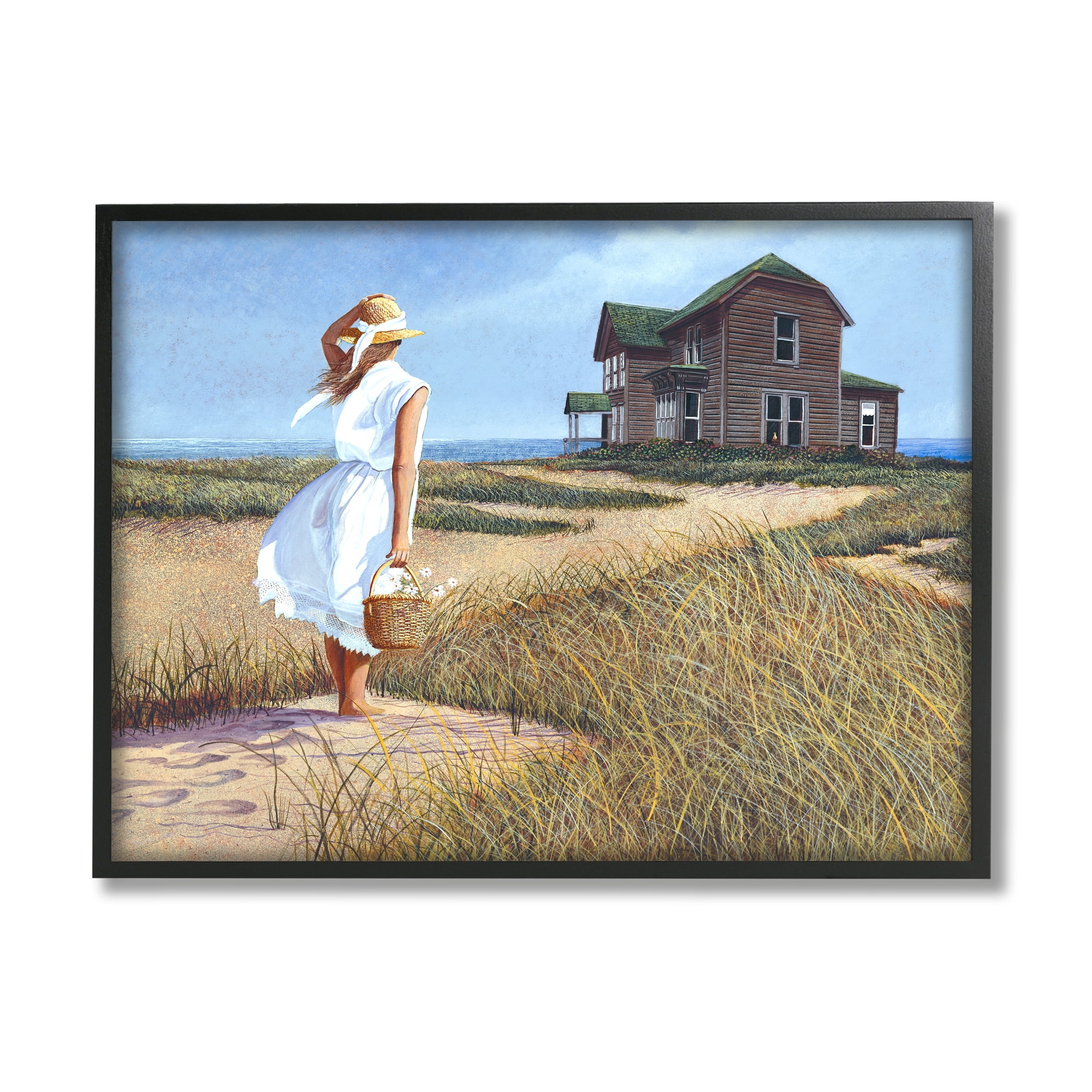 Stupell Industries Woman Standing Windswept Breeze Distant Beach House Painting Black Framed Art Print Wall Art, Design by Tom Mielko