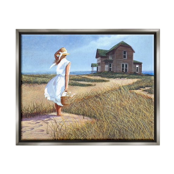 Stupell Industries Woman Standing Windswept Breeze Distant Beach House Painting Luster Gray Floating Framed Canvas Print Wall Art, Design by Tom Mielko