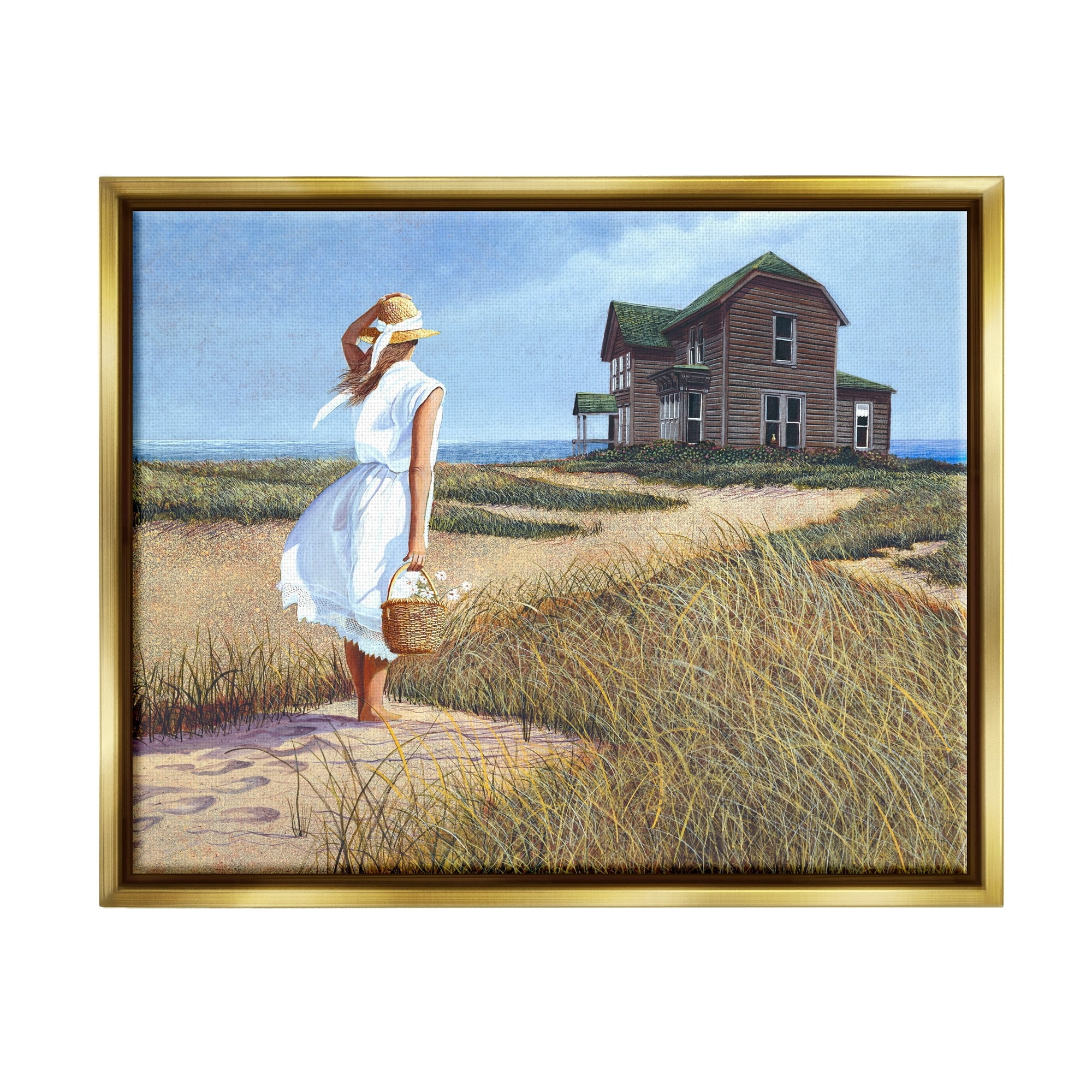 Stupell Industries Woman Standing Windswept Breeze Distant Beach House Painting Metallic Gold Floating Framed Canvas Print Wall Art, Design by Tom Mielko