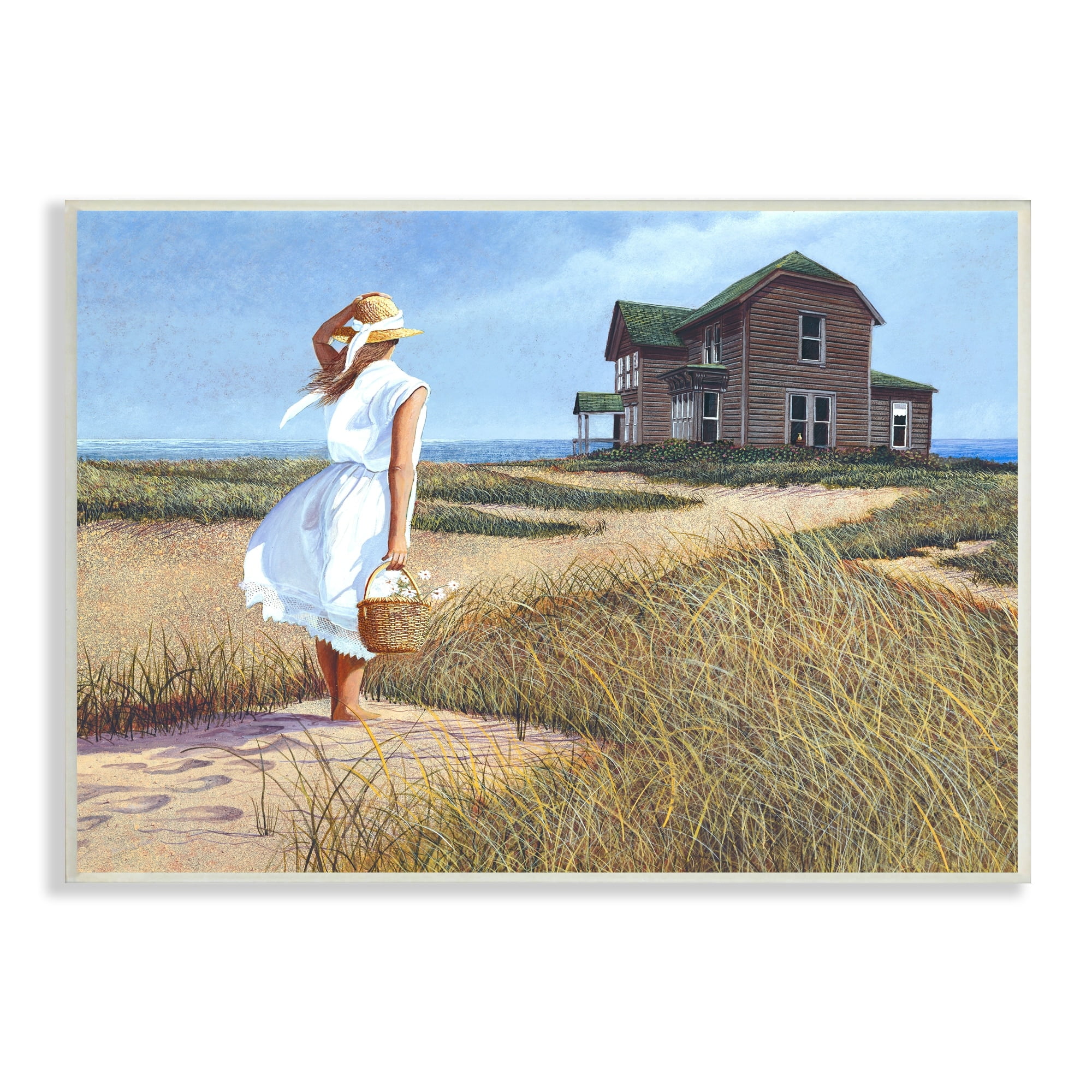 Stupell Industries Woman Standing Windswept Breeze Distant Beach House Painting Unframed Art Print Wall Art, Design by Tom Mielko