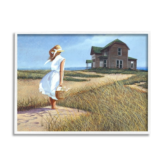 Stupell Industries Woman Standing Windswept Breeze Distant Beach House Painting White Framed Art Print Wall Art, Design by Tom Mielko