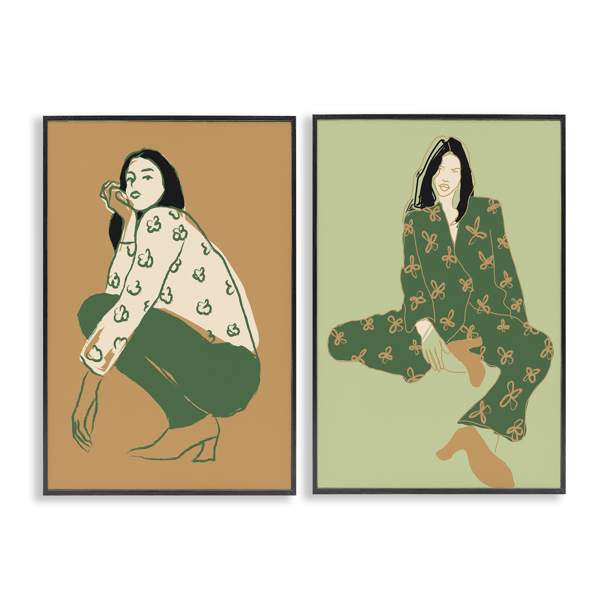 Stupell Industries Woman Stooping Sitting Pose People Painting Black Framed Art Print Wall Art, 16 x 24, Set of 2