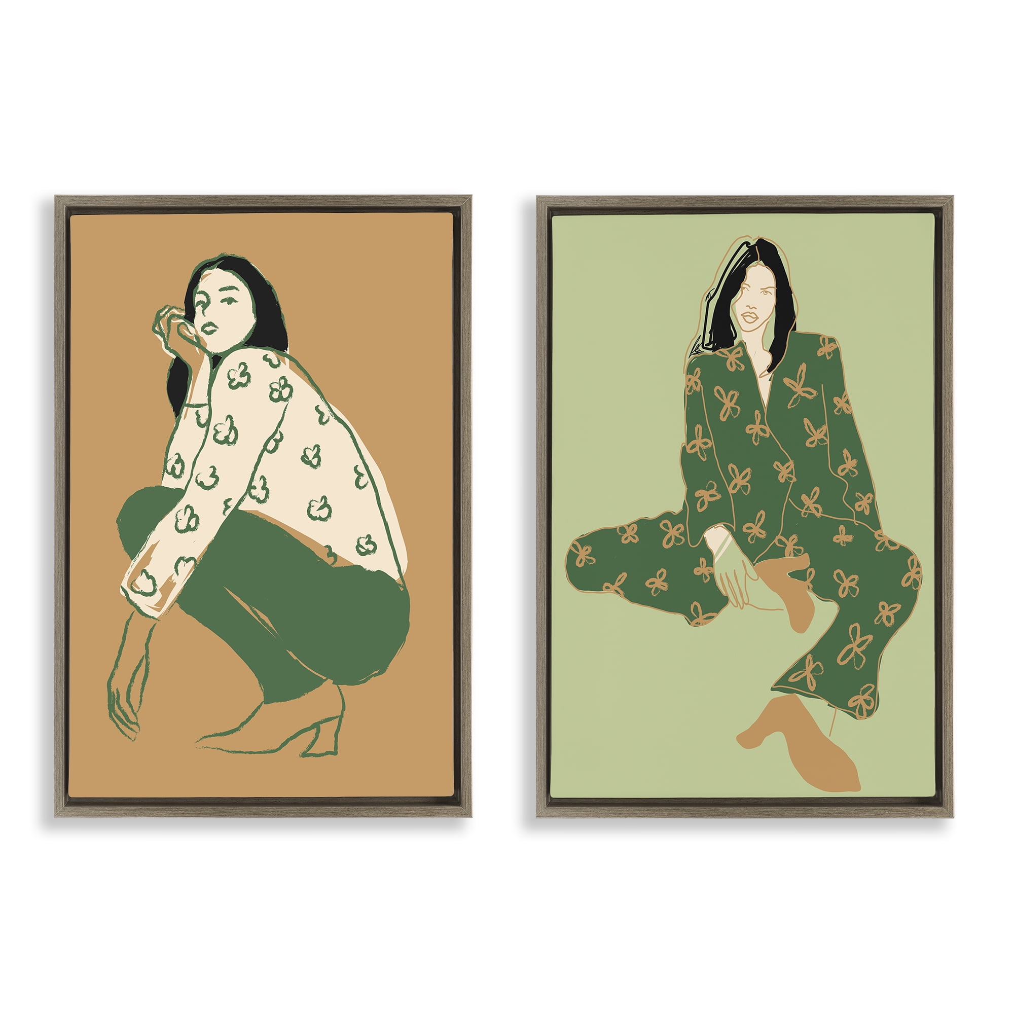 Stupell Industries Woman Stooping Sitting Pose People Painting Brown Floater Framed Canvas Art Print Wall Art, 21 x 31, Set of 2