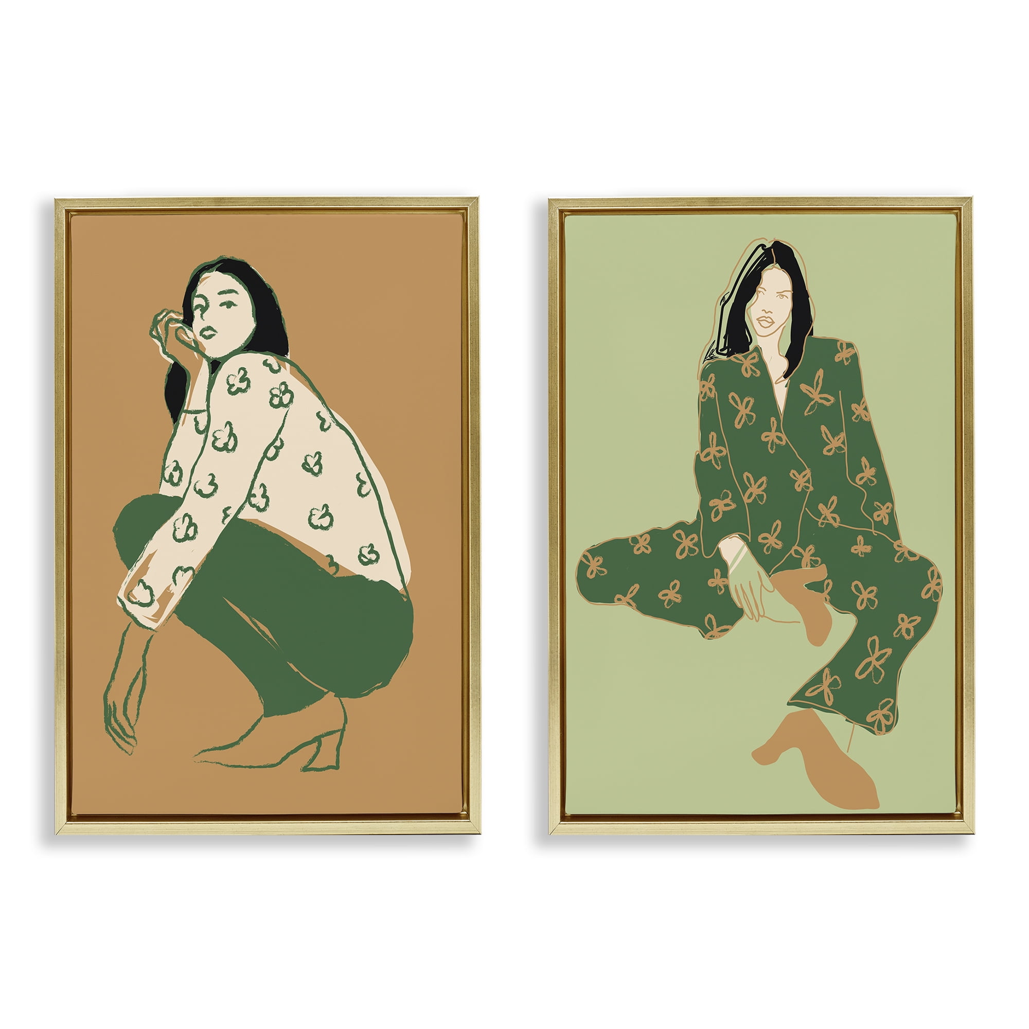 Stupell Industries Woman Stooping Sitting Pose People Painting Gold Floater Framed Canvas Art Print Wall Art, 17 x 25, Set of 2