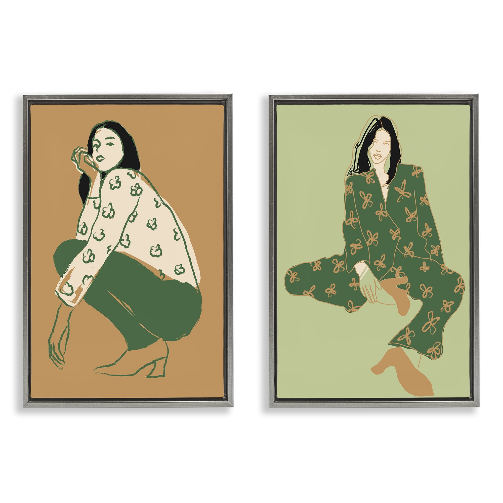 Stupell Industries Woman Stooping Sitting Pose People Painting Gray Floater Framed Canvas Art Print Wall Art, 21 x 31, Set of 2