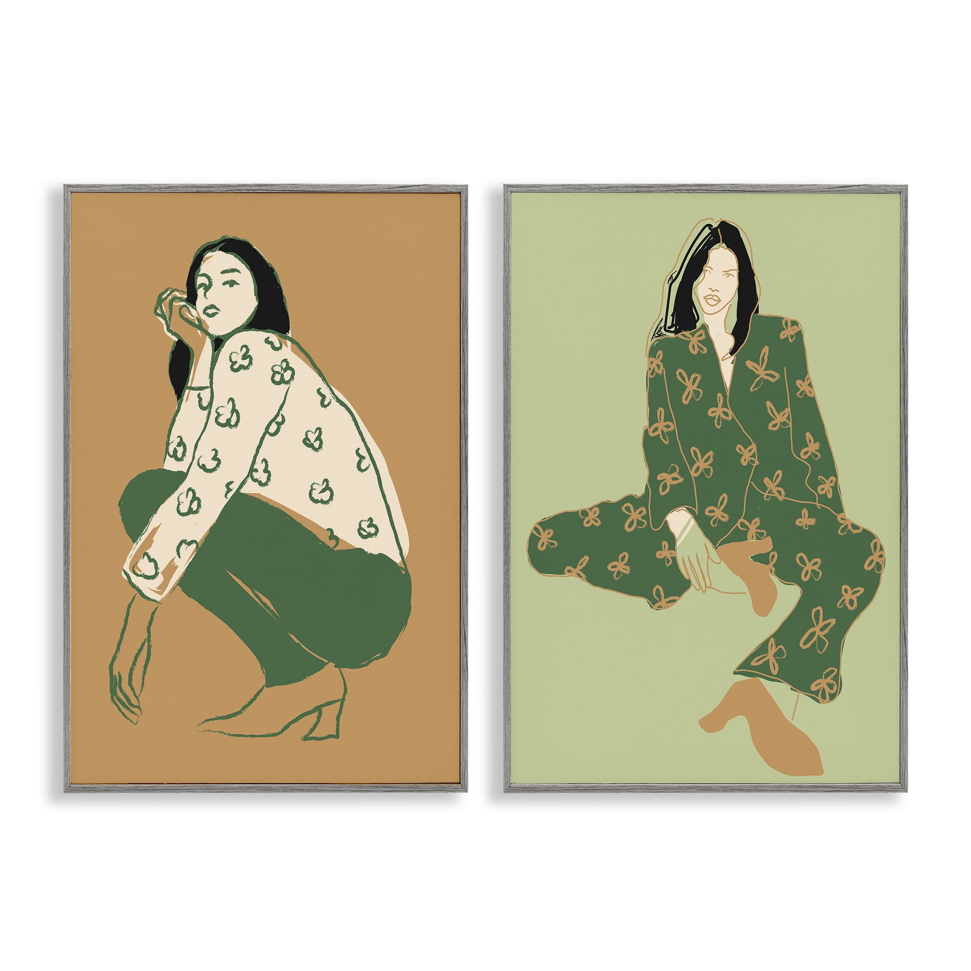 Stupell Industries Woman Stooping Sitting Pose People Painting Gray Framed Art Print Wall Art, 12 x 18, Set of 2