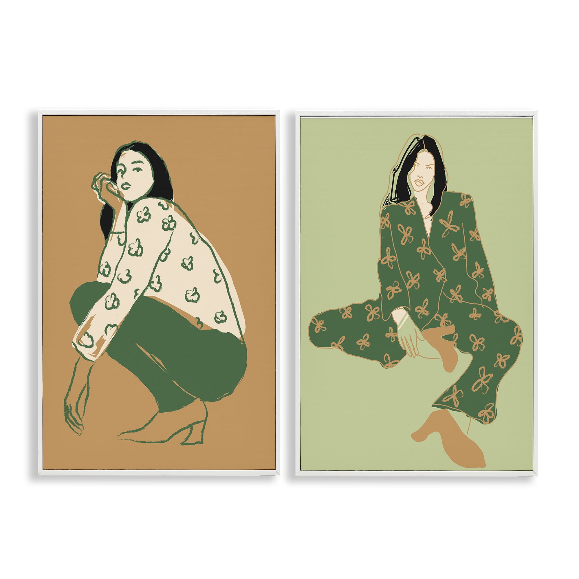 Stupell Industries Woman Stooping Sitting Pose People Painting White Framed Art Print Wall Art, 12 x 18, Set of 2