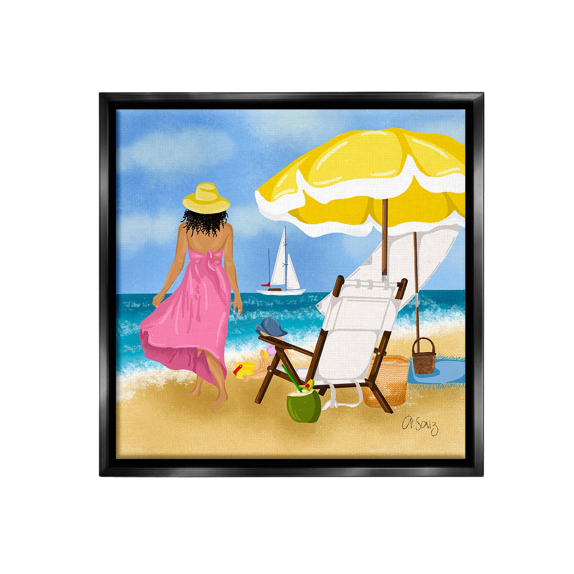 Stupell Industries Woman Strolling Beach Landscape Painting Black ...