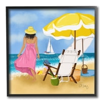 Stupell Industries Woman Strolling Beach Landscape Painting Black Framed Art Print Wall Art, 12 x 12