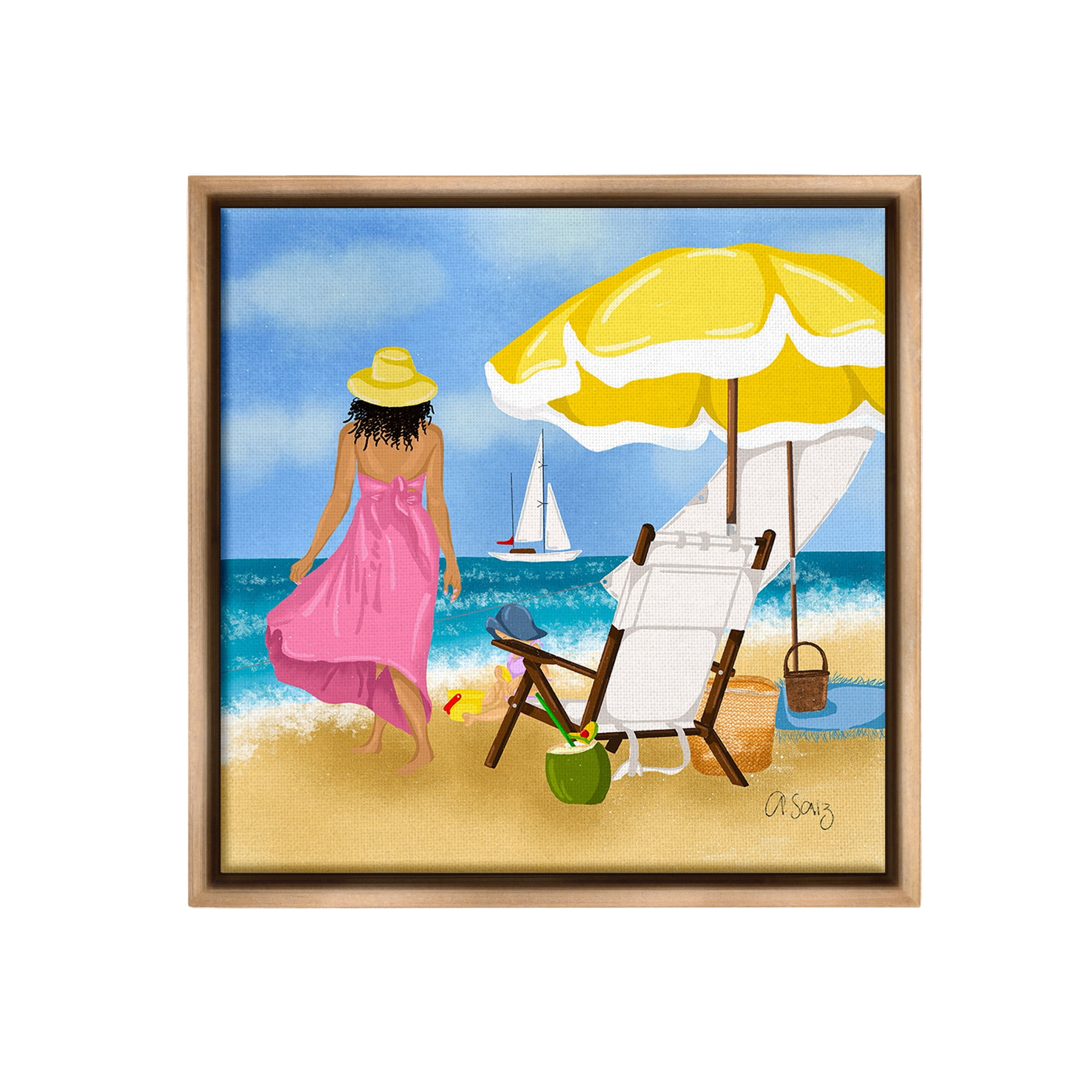Stupell Industries Woman Strolling Beach Landscape Painting Brown Floater Framed Canvas Art Print Wall Art, 18 x 18