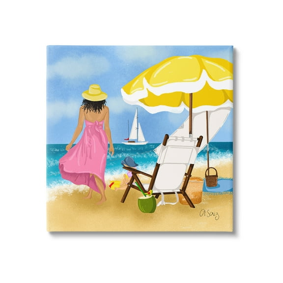 Stupell Industries Woman Strolling Beach Landscape Painting Gallery Wrapped Canvas Art Print Wall Art, 17 x 17