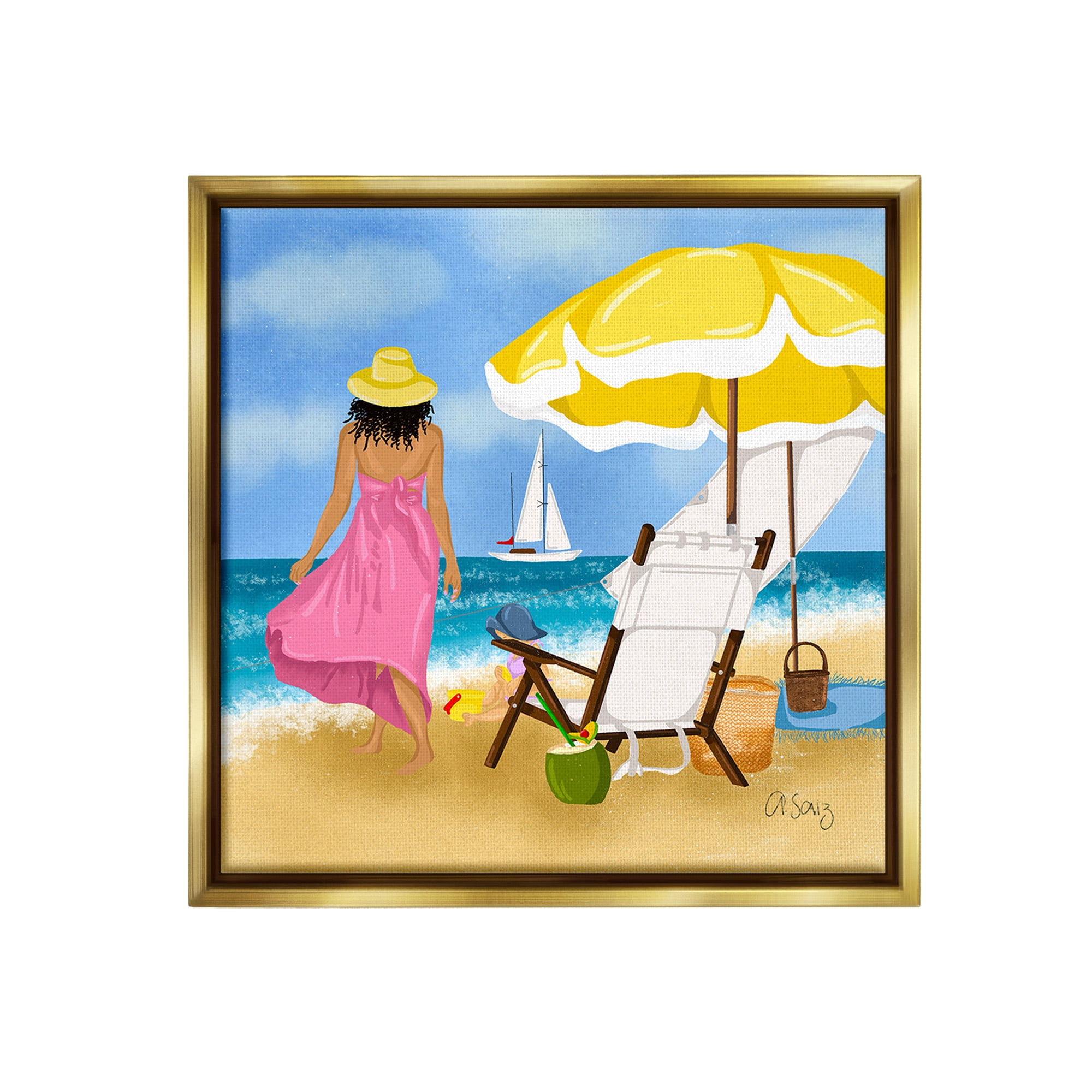 Stupell Industries Woman Strolling Beach Landscape Painting Gold Floater Framed Canvas Art Print Wall Art, 18 x 18