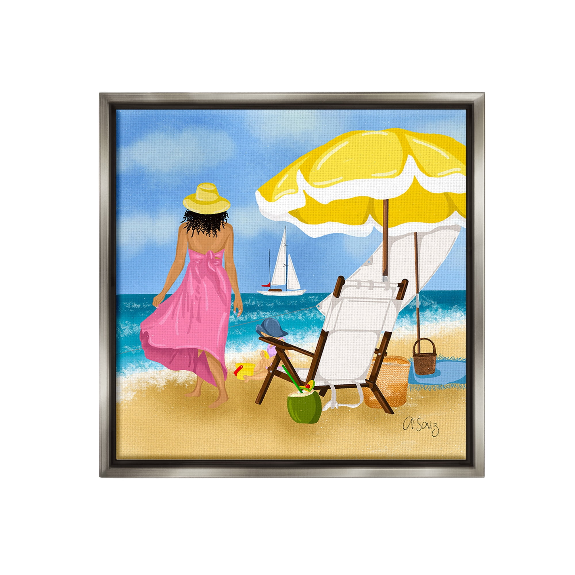 Stupell Industries Woman Strolling Beach Landscape Painting Gray Floater Framed Canvas Art Print Wall Art, 25 x 25