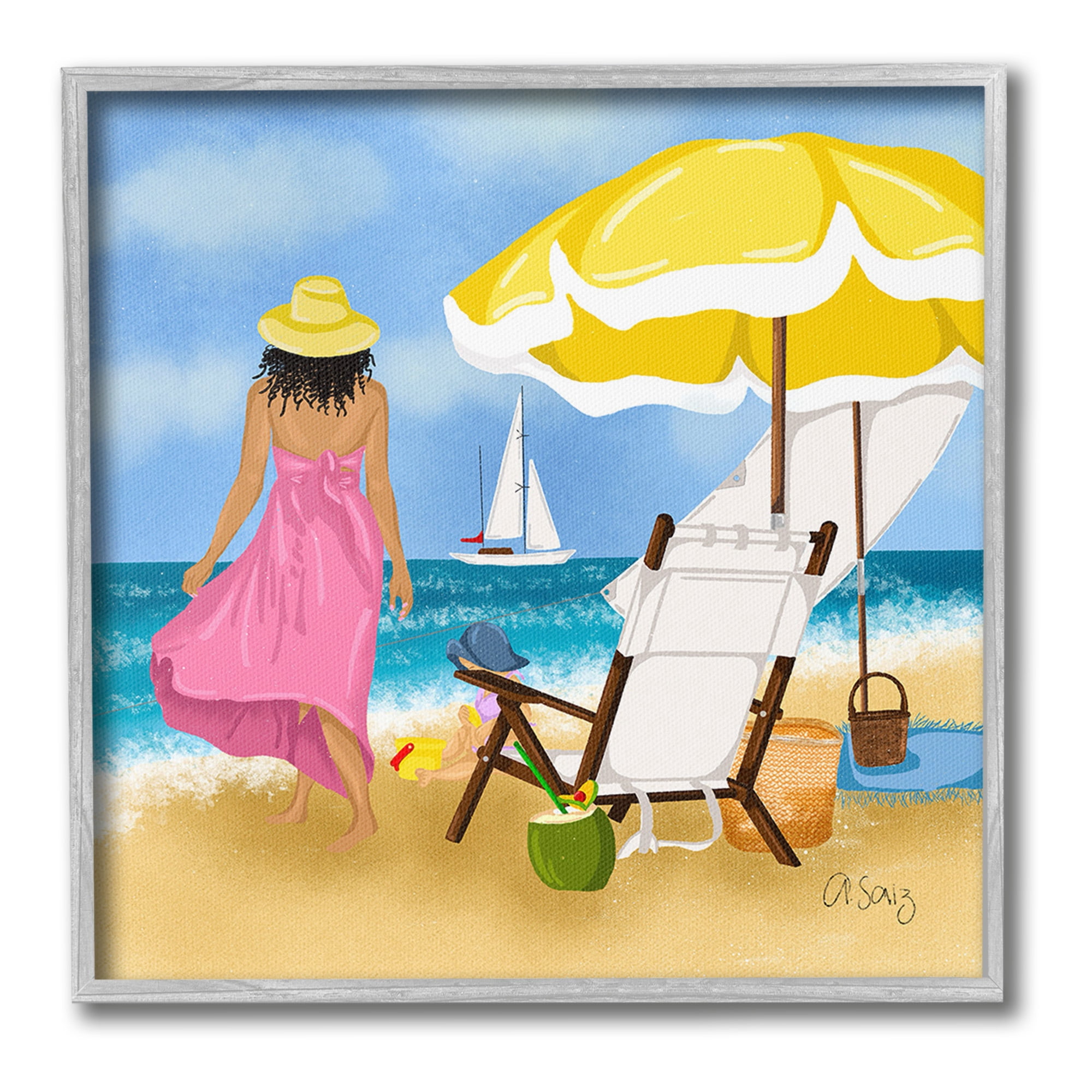 Stupell Industries Woman Strolling Beach Landscape Painting Gray Framed Art Print Wall Art, 24 x 24
