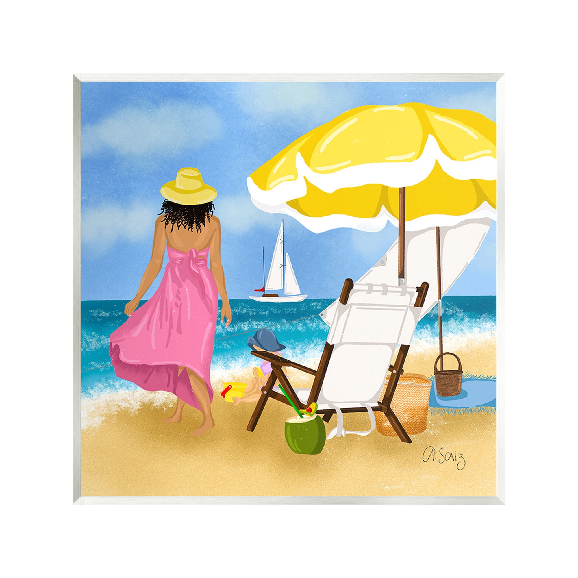 Stupell Industries Woman Strolling Beach Landscape Painting Unframed Art Print Wall Art, 12 x 12