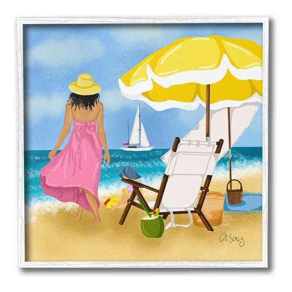 Stupell Industries Woman Strolling Beach Landscape Painting White Framed Art Print Wall Art, 24 x 24