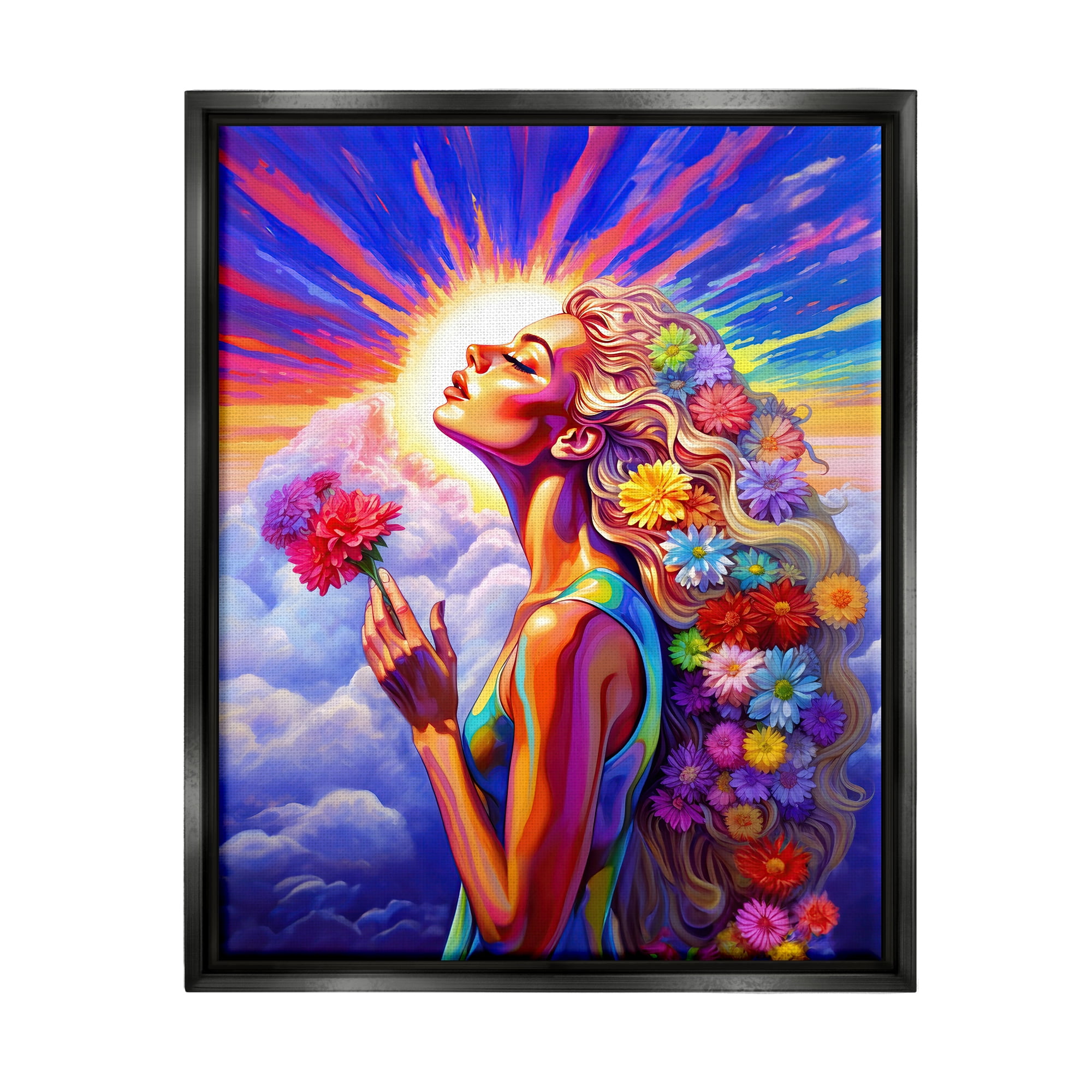 Stupell Industries Woman & Sun Rays Botanical & Floral Painting Black Floater Framed Canvas Art Print Wall Art, 25 x 31