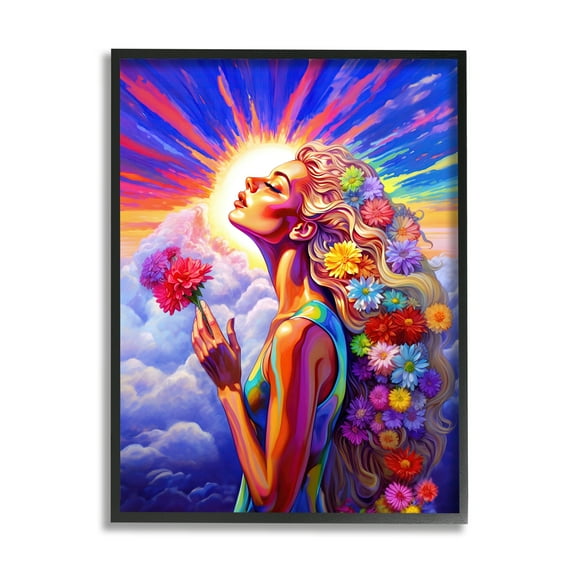 Stupell Industries Woman & Sun Rays Botanical & Floral Painting Black Framed Art Print Wall Art, 11 x 14