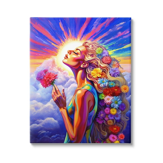 Stupell Industries Woman & Sun Rays Botanical & Floral Painting Gallery Wrapped Canvas Art Print Wall Art, 36 x 48