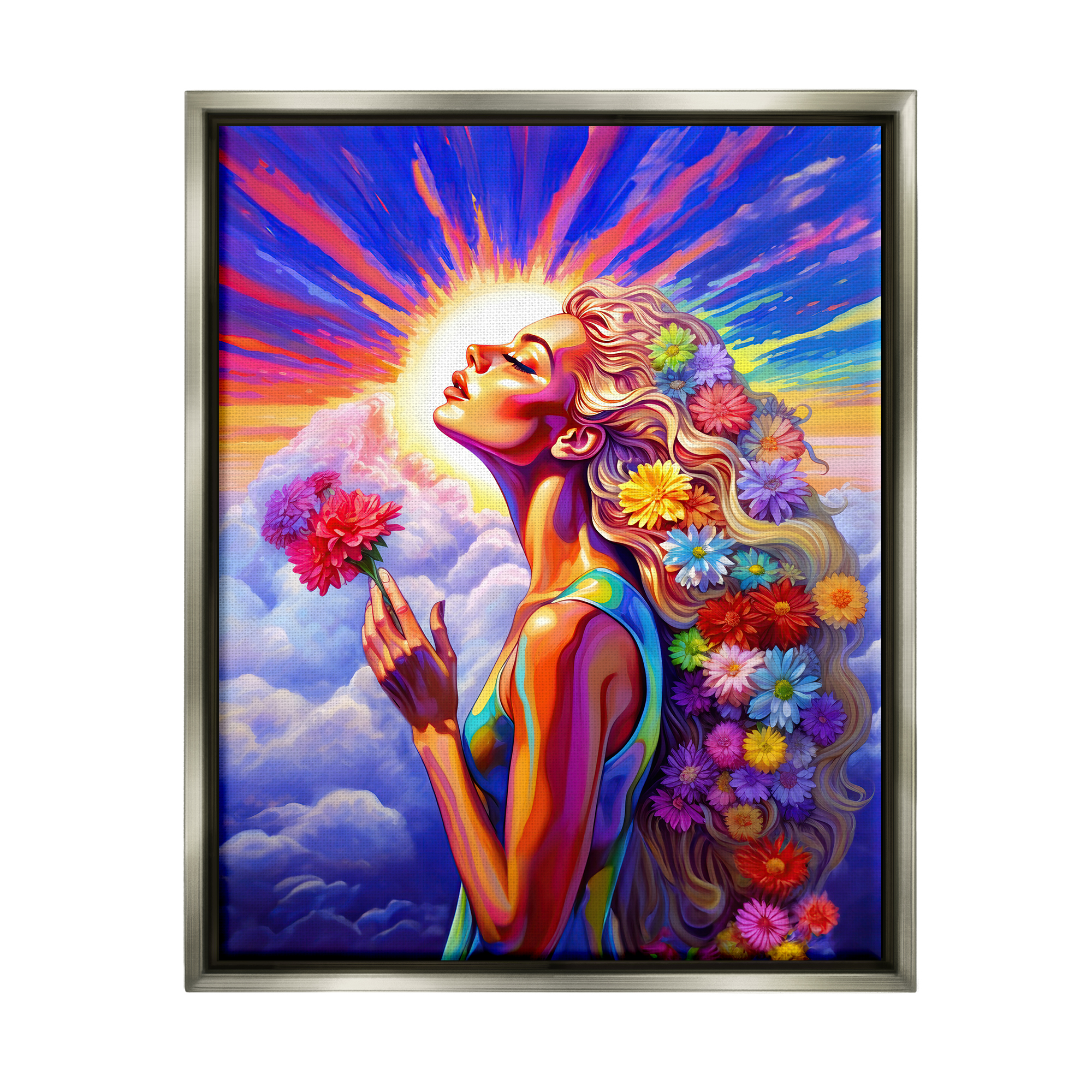 Stupell Industries Woman & Sun Rays Botanical & Floral Painting Gray Floater Framed Canvas Art Print Wall Art, 17 x 21