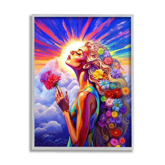 Stupell Industries Woman & Sun Rays Botanical & Floral Painting Gray Framed Art Print Wall Art, 16 x 20