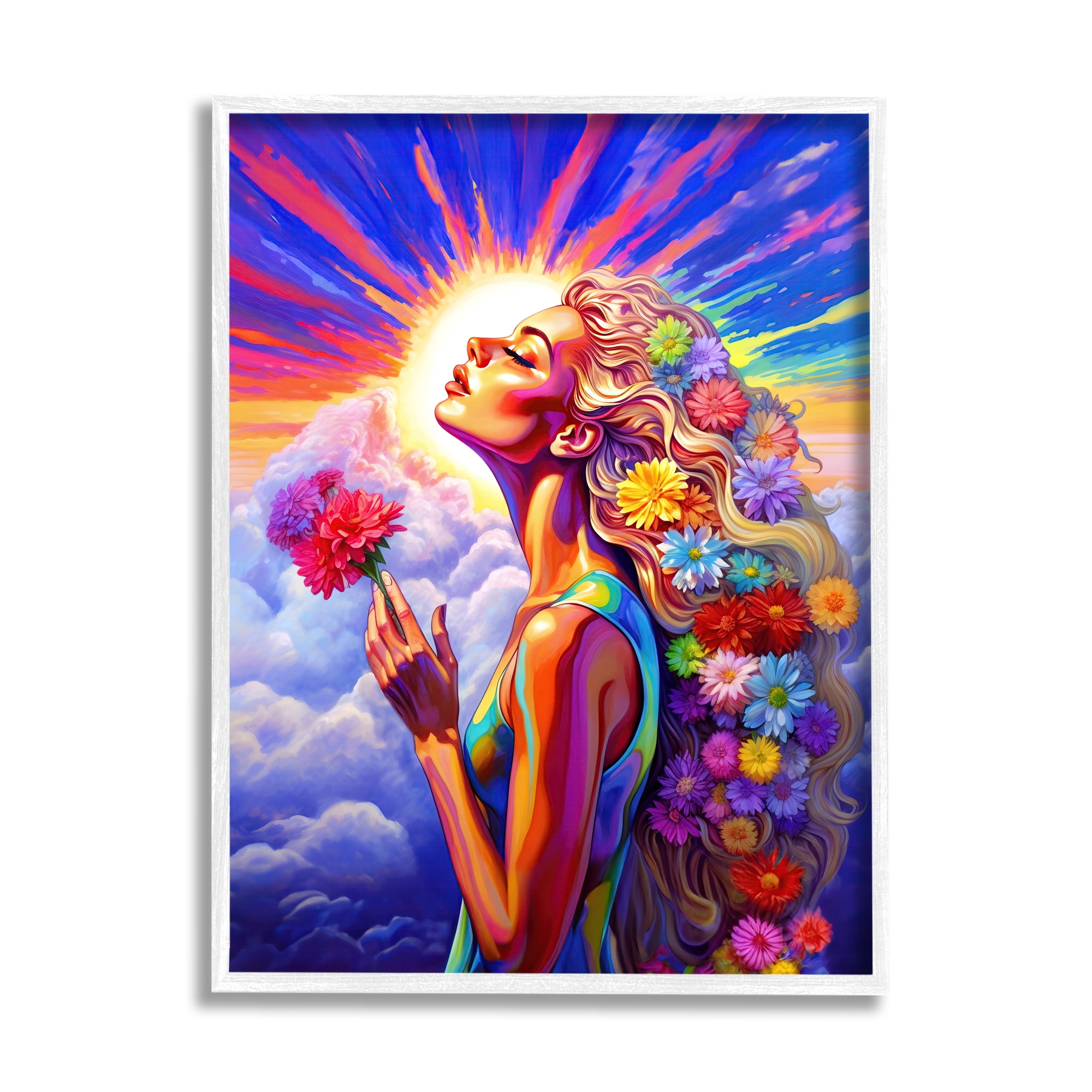 Stupell Industries Woman & Sun Rays Botanical & Floral Painting White Framed Art Print Wall Art, 11 x 14