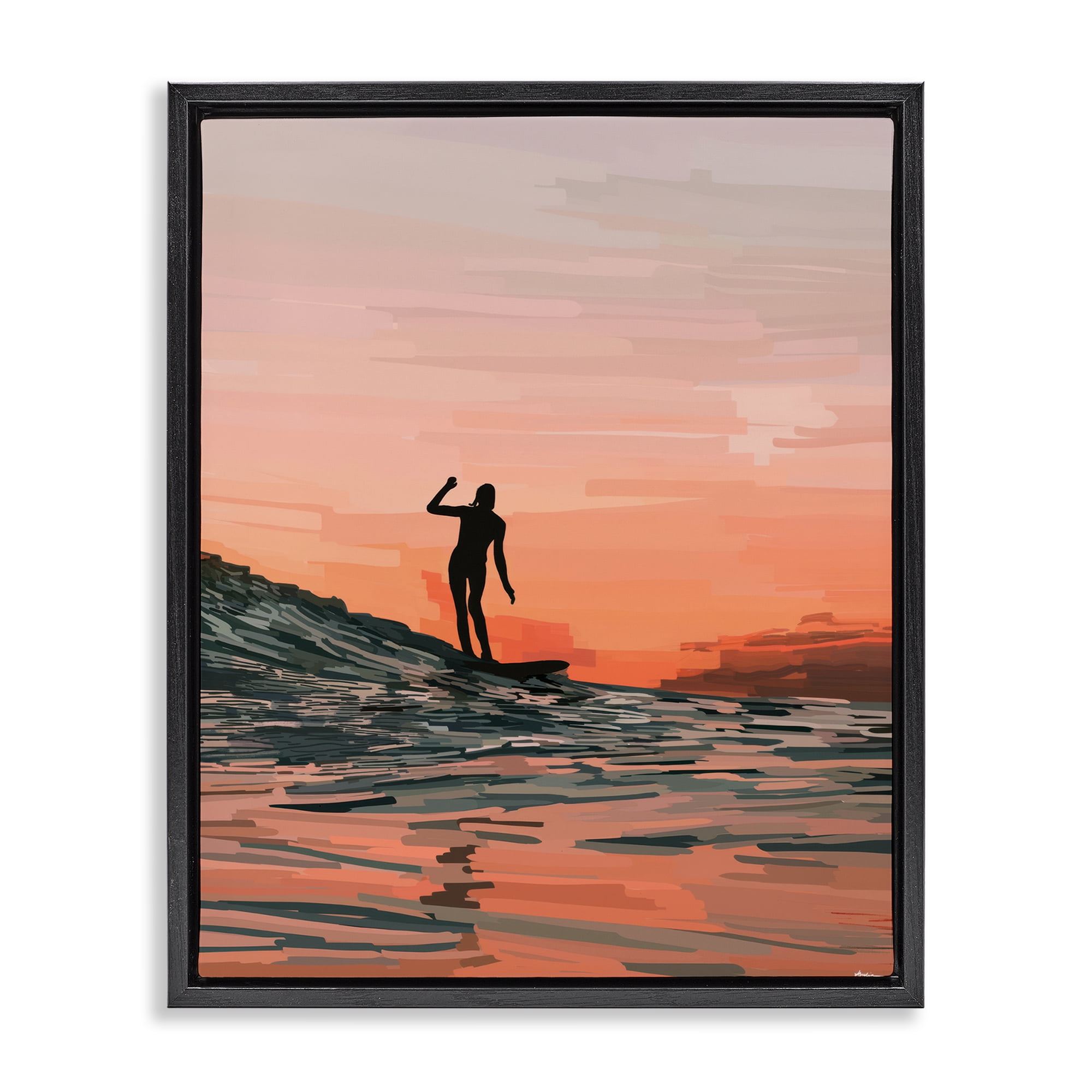 Stupell Industries Woman Surfing at Sunset Nautical & Beach Painting Black Floater Framed Canvas Art Print Wall Art, 25 x 31