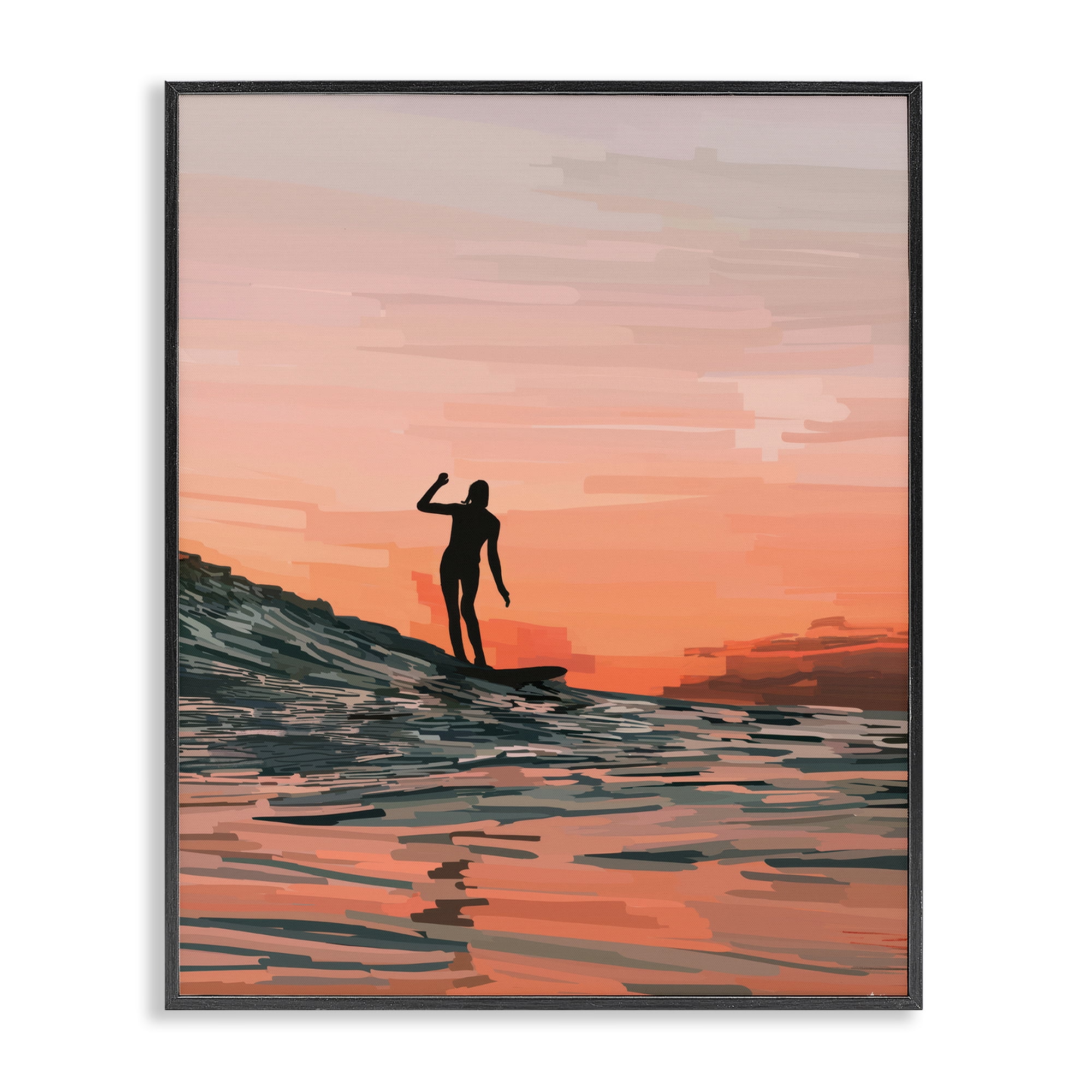 Stupell Industries Woman Surfing at Sunset Nautical & Beach Painting Black Framed Art Print Wall Art, 24 x 30