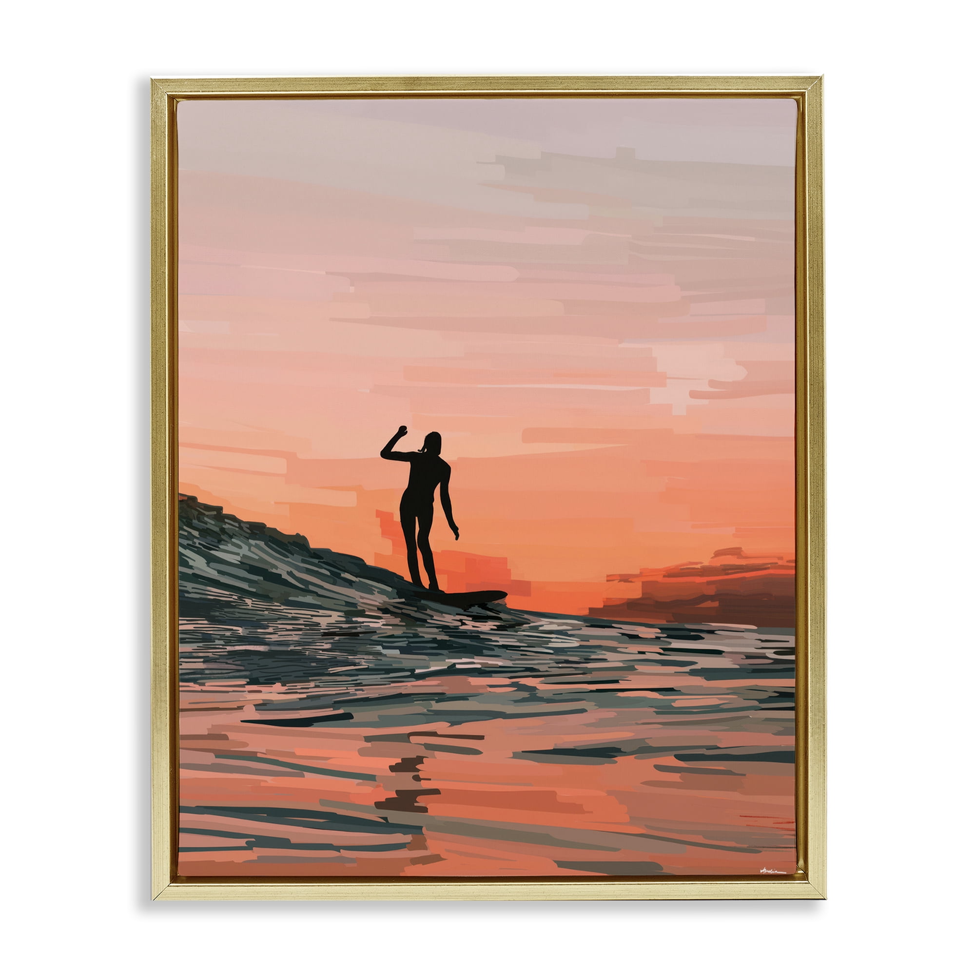 Stupell Industries Woman Surfing at Sunset Nautical & Beach Painting Gold Floater Framed Canvas Art Print Wall Art, 17 x 21