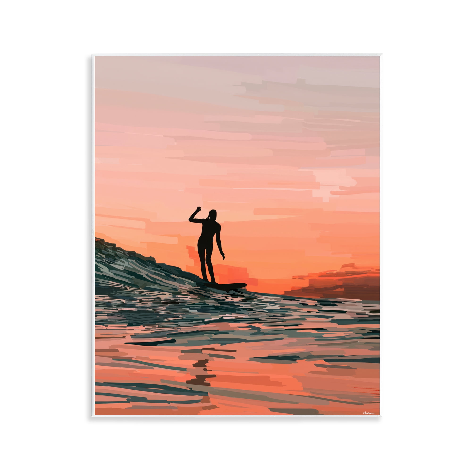 Stupell Industries Woman Surfing at Sunset Nautical & Beach Painting Unframed Art Print Wall Art, 11 x 14