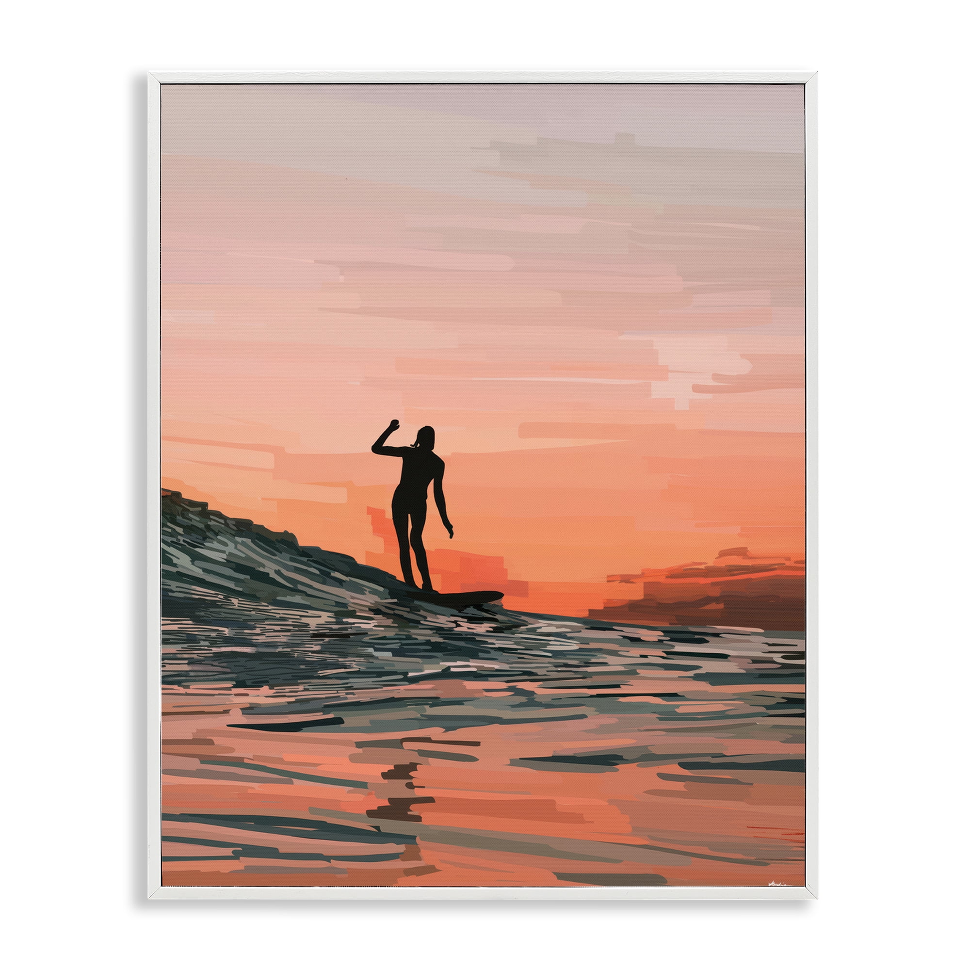 Stupell Industries Woman Surfing at Sunset Nautical & Beach Painting White Framed Art Print Wall Art, 11 x 14