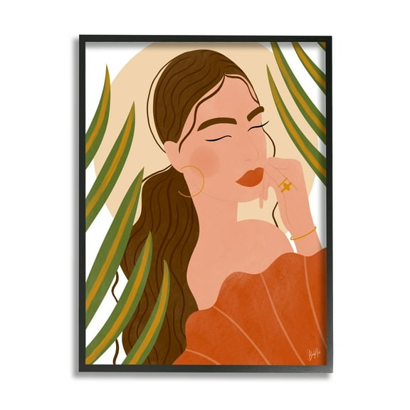 Stupell Industries Woman Tropical Snake Plant Leaves Circle Cutout Shape Graphic Art Black Framed Art Print Wall Art, Design by Birch&Ink