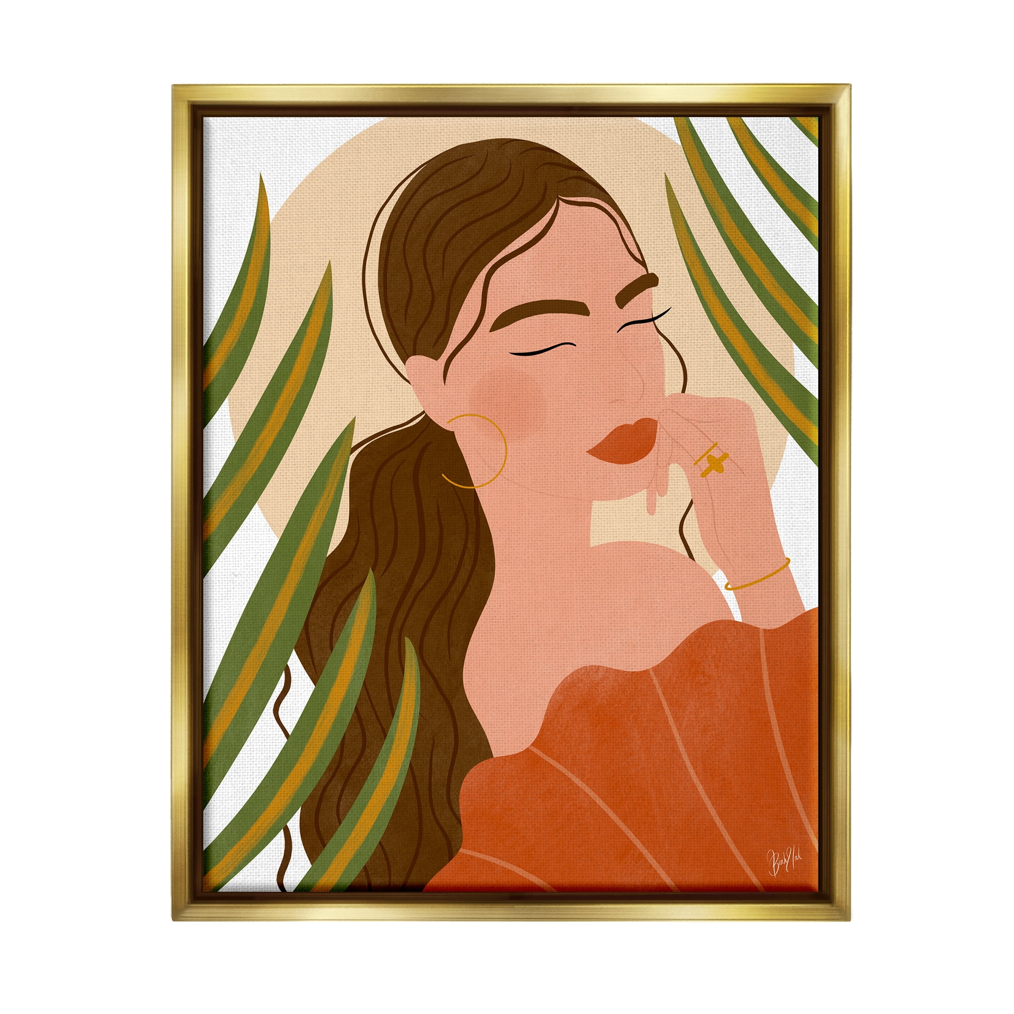 Stupell Industries Woman Tropical Snake Plant Leaves Circle Cutout Shape Graphic Art Metallic Gold Floating Framed Canvas Print Wall Art, Design by Birch&Ink