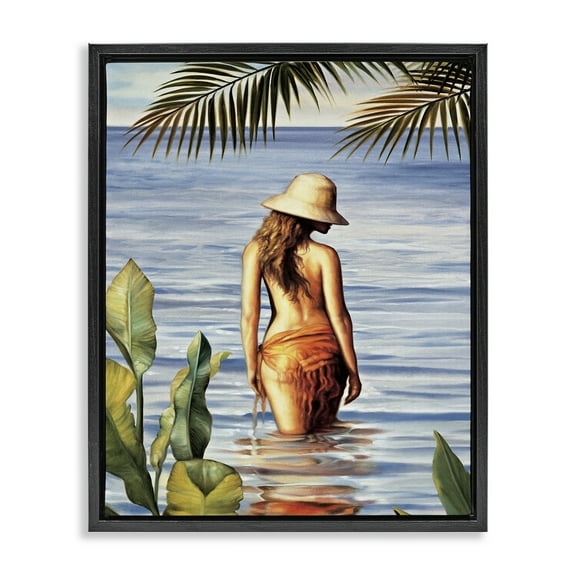 Stupell Industries Woman Wading Beach People Painting Black Floater Framed Canvas Art Print Wall Art, 17 x 21