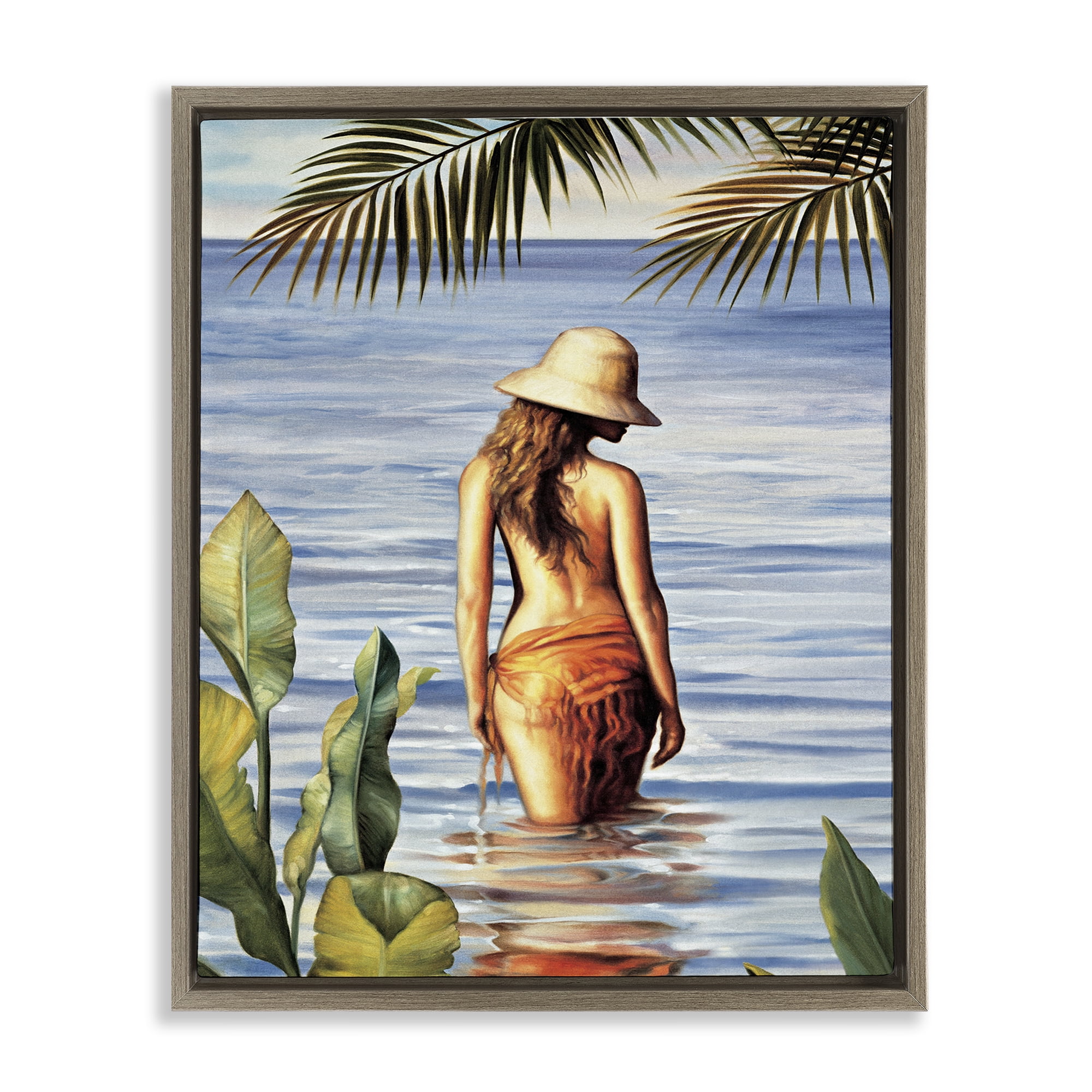 Stupell Industries Woman Wading Beach People Painting Brown Floater Framed Canvas Art Print Wall Art, 25 x 31