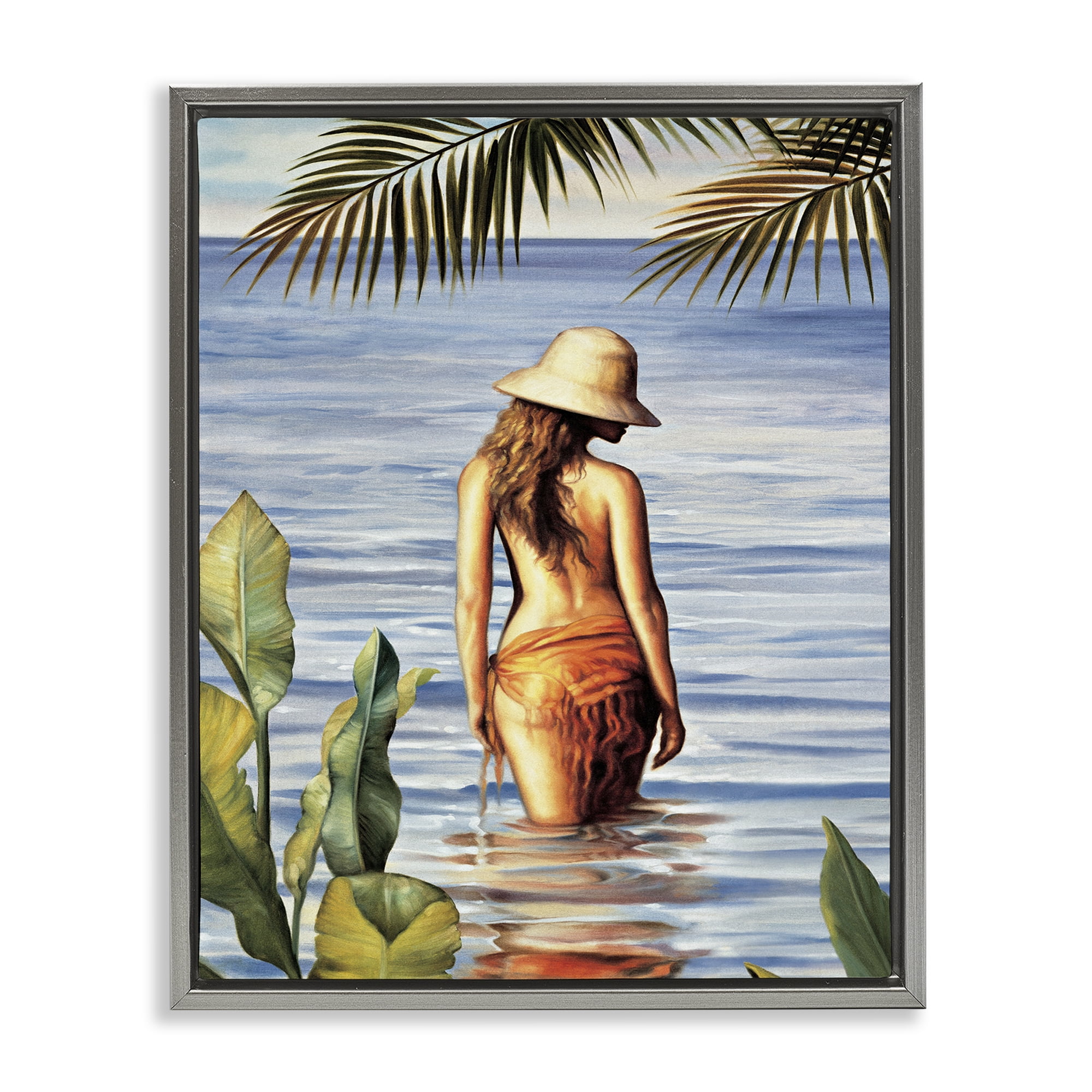 Stupell Industries Woman Wading Beach People Painting Gray Floater Framed Canvas Art Print Wall Art, 25 x 31