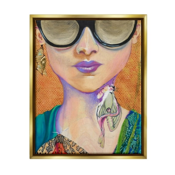 Stupell Industries Woman Wearing Butterfly Insect Jewelry Sunglasses Painting Painting Metallic Gold Floating Framed Canvas Print Wall Art, Design by Stacy Gresell