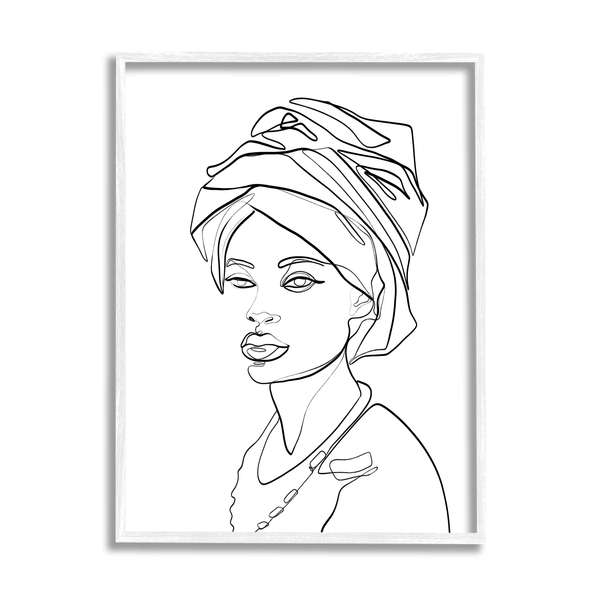 Black Line Art Woman with African Headwrap on White Canvas