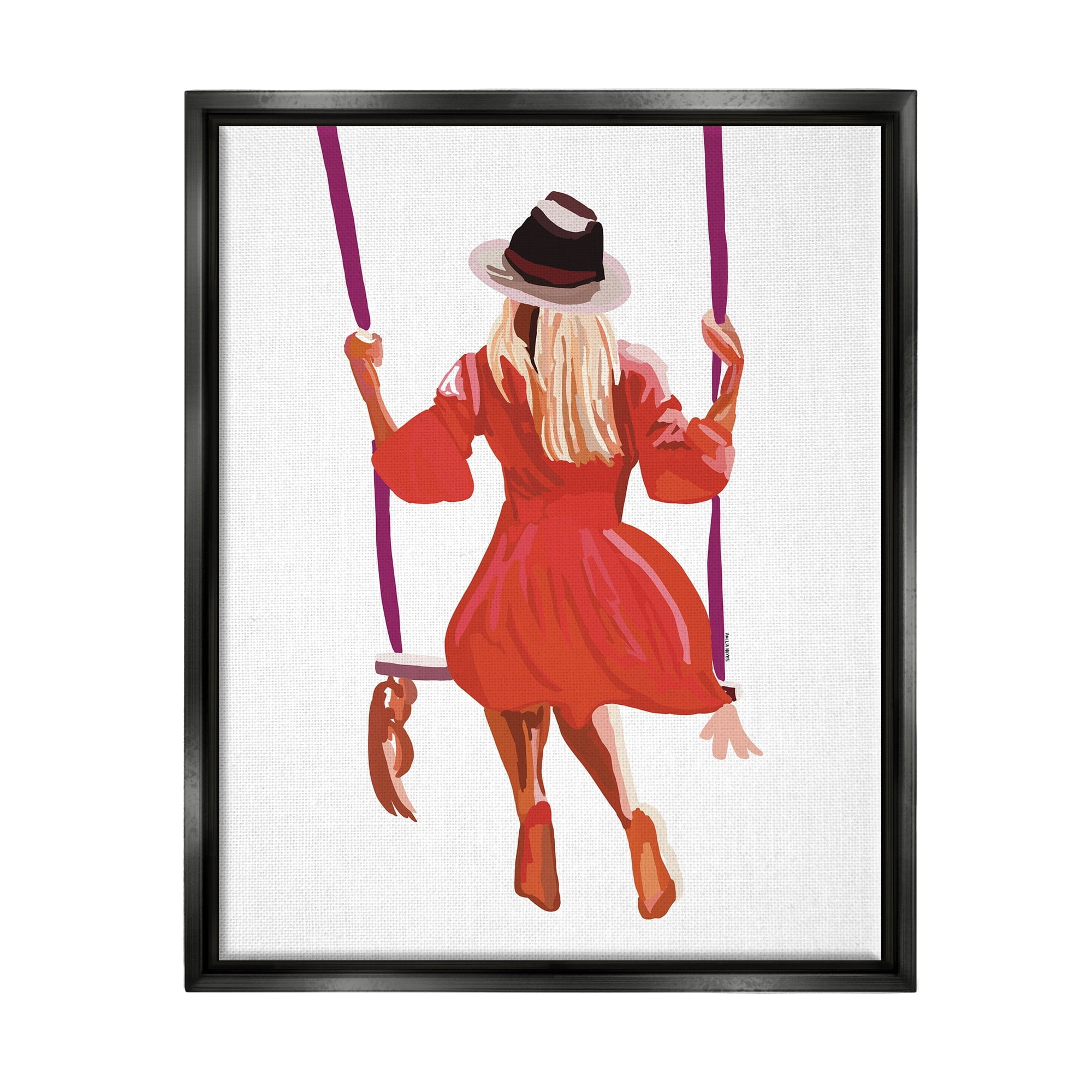Stupell Industries Woman Wearing Red Dress Relaxing Park Swing Graphic Art Jet Black Floating Framed Canvas Print Wall Art, Design by Amelia Noyes