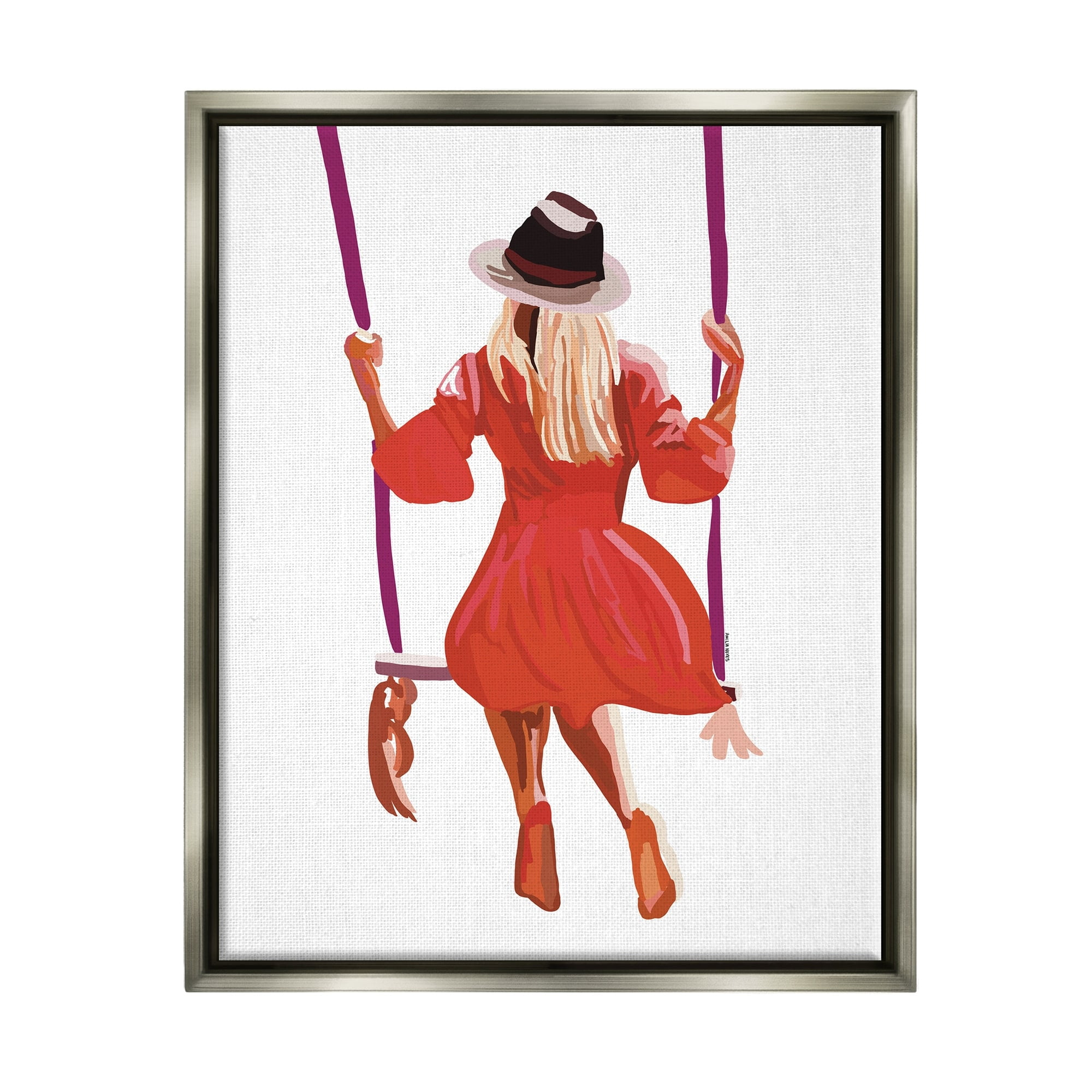 Stupell Industries Woman Wearing Red Dress Relaxing Park Swing Graphic Art Luster Gray Floating Framed Canvas Print Wall Art, Design by Amelia Noyes