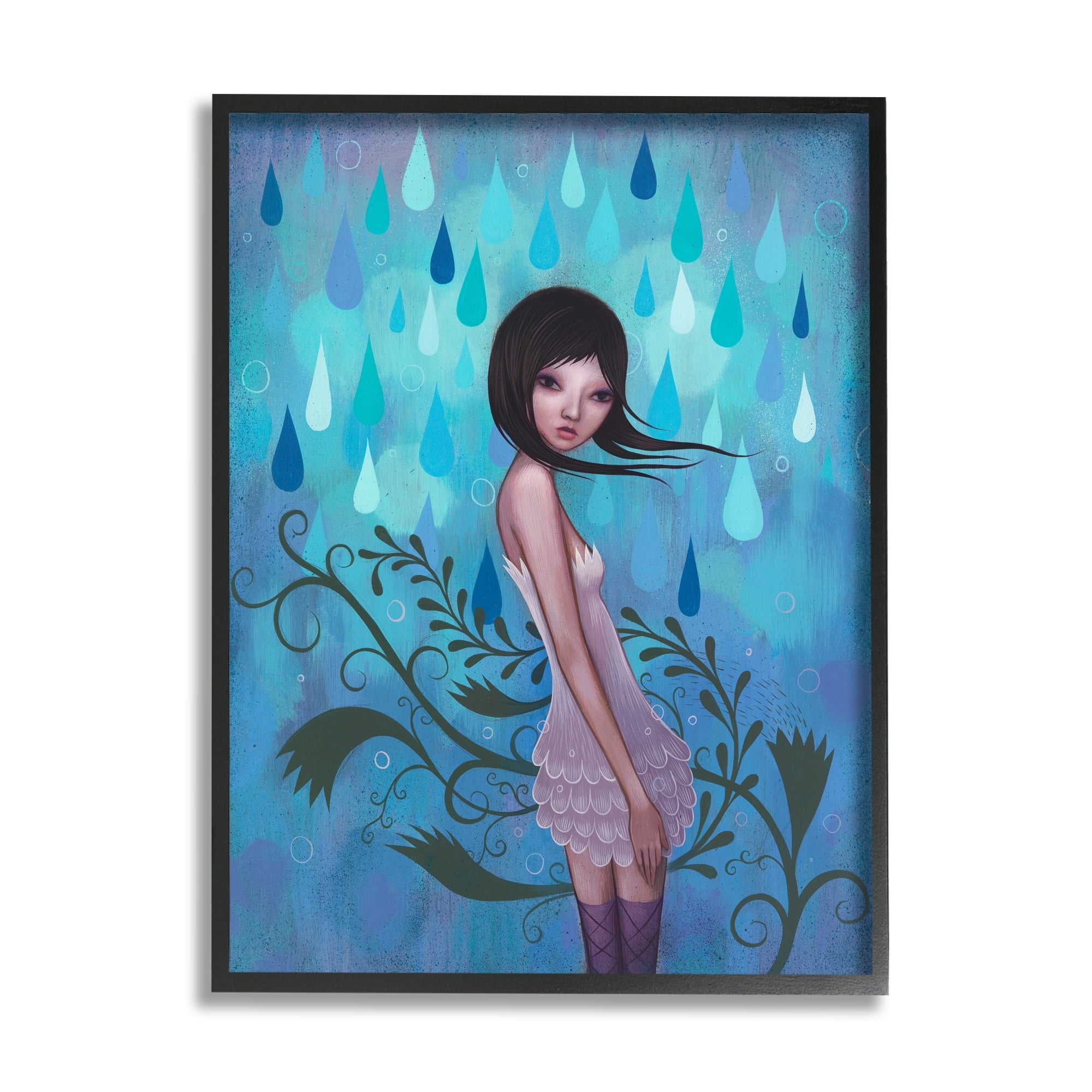 Stupell Industries Woman White Dress Falling Blue Raindrops Botanical Motif Framed Wall Art, 16 x 20, Design by Barry Kite