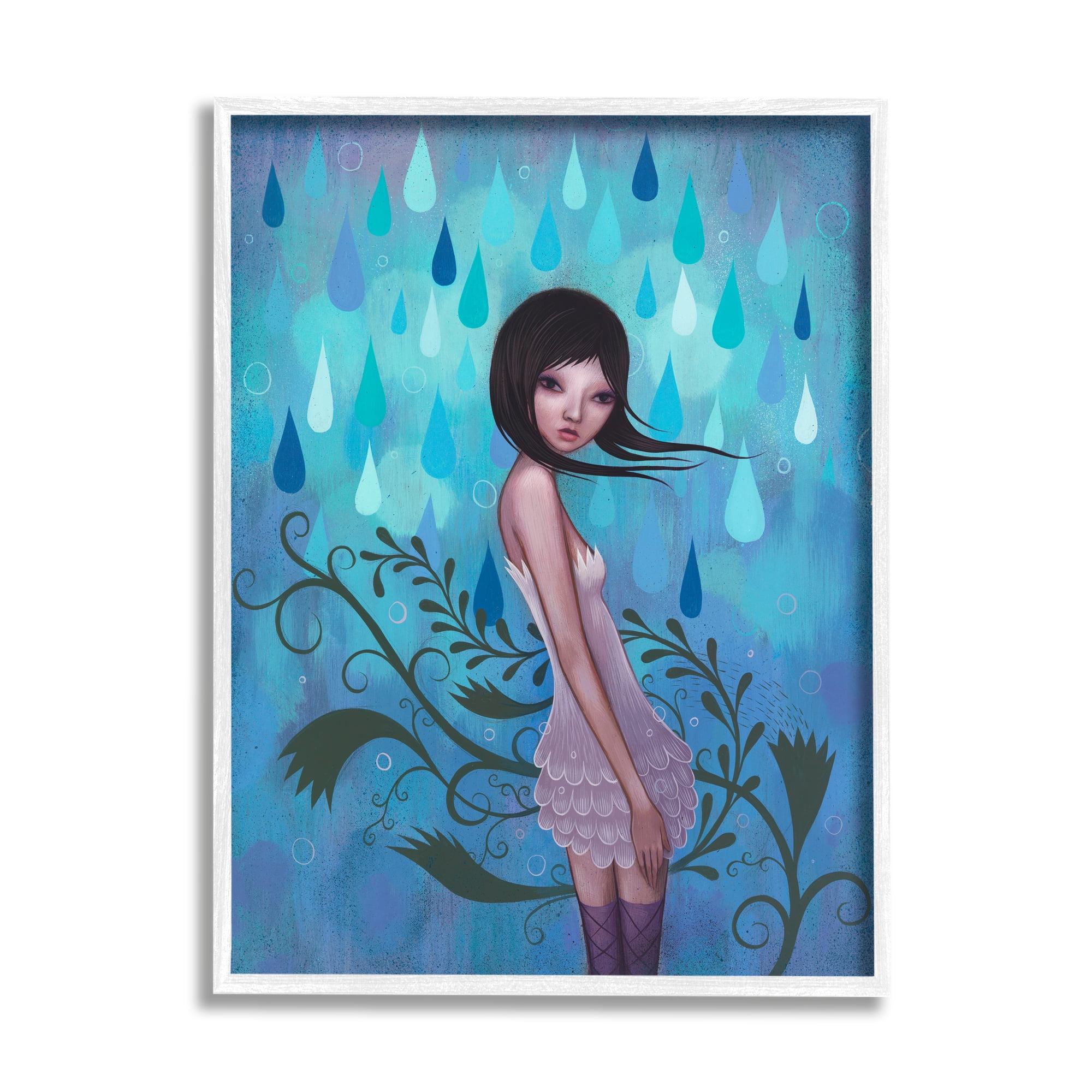 Stupell Industries Woman White Dress Falling Blue Raindrops Botanical Motif Framed Wall Art, 16 x 20, Design by Barry Kite