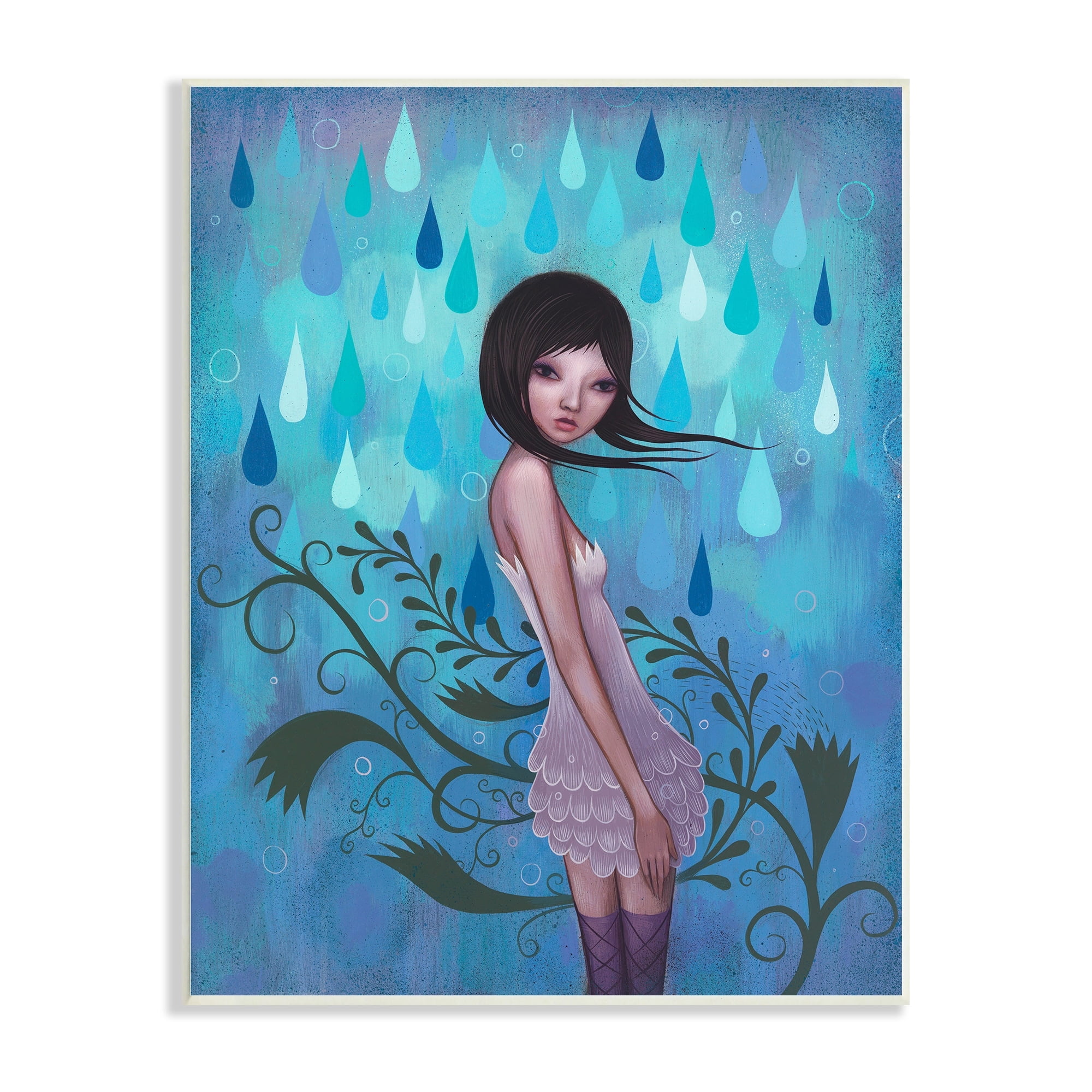 Stupell Industries Woman White Dress Falling Blue Raindrops Botanical Motif Wood Wall Art, 13 x 19, Design by Barry Kite