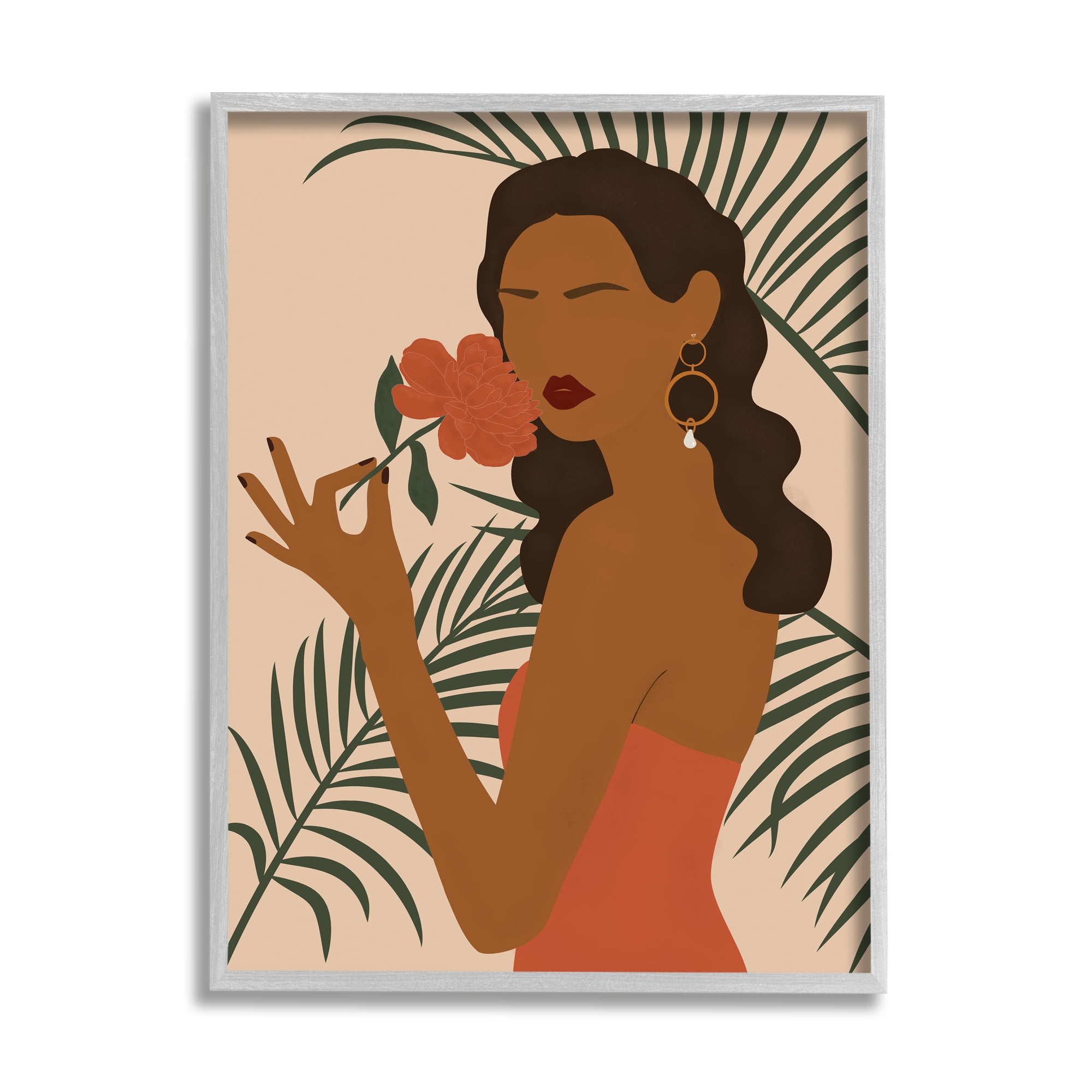 Stupell Industries Woman With Red Floral over Green Palm Leaves, 16 x 20, Designed by JJ Design House LLC