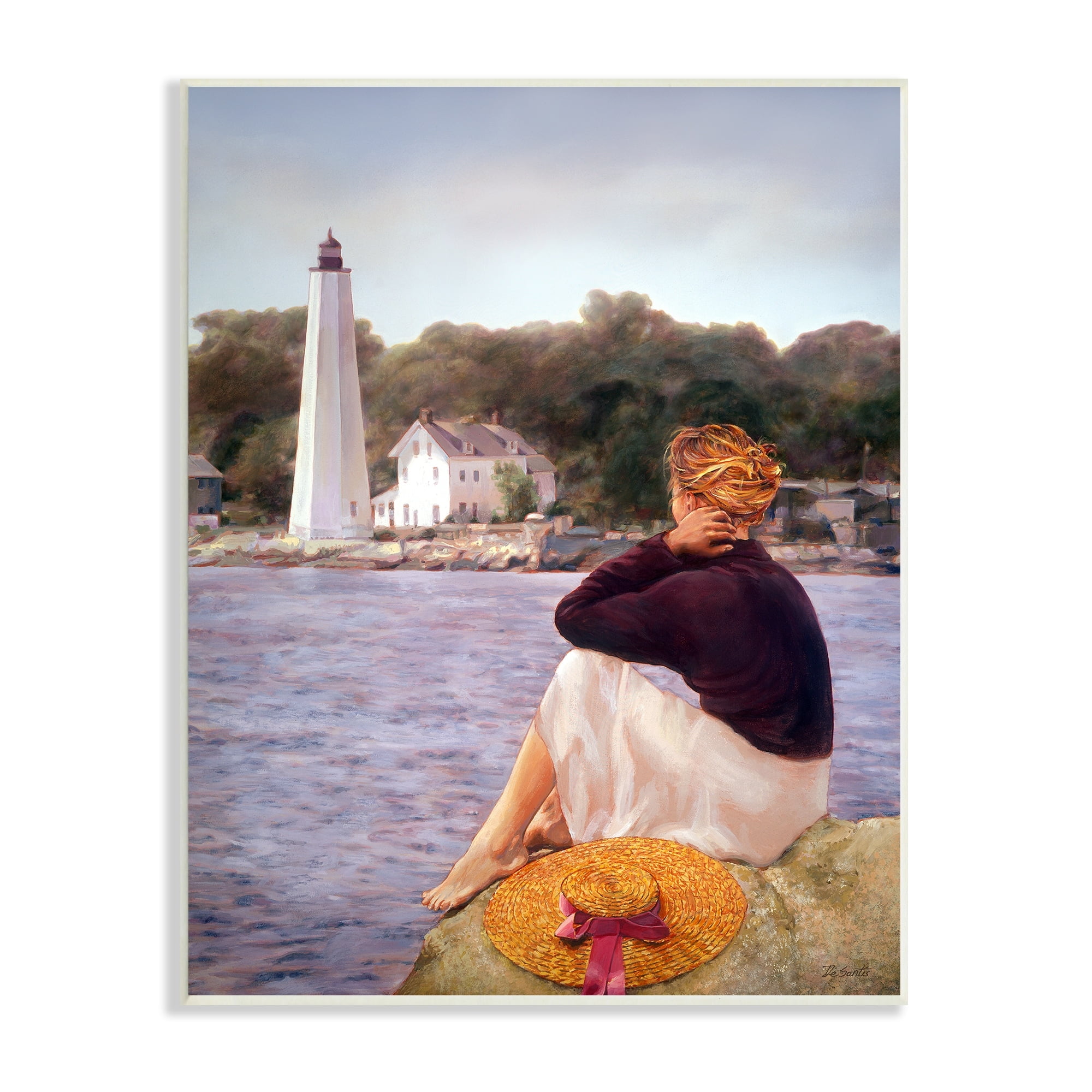 Stupell Industries Woman at Shoreline Coast Lighthouse Realistic Nautical Painting, 13 x 19, Design by Robert Desantis