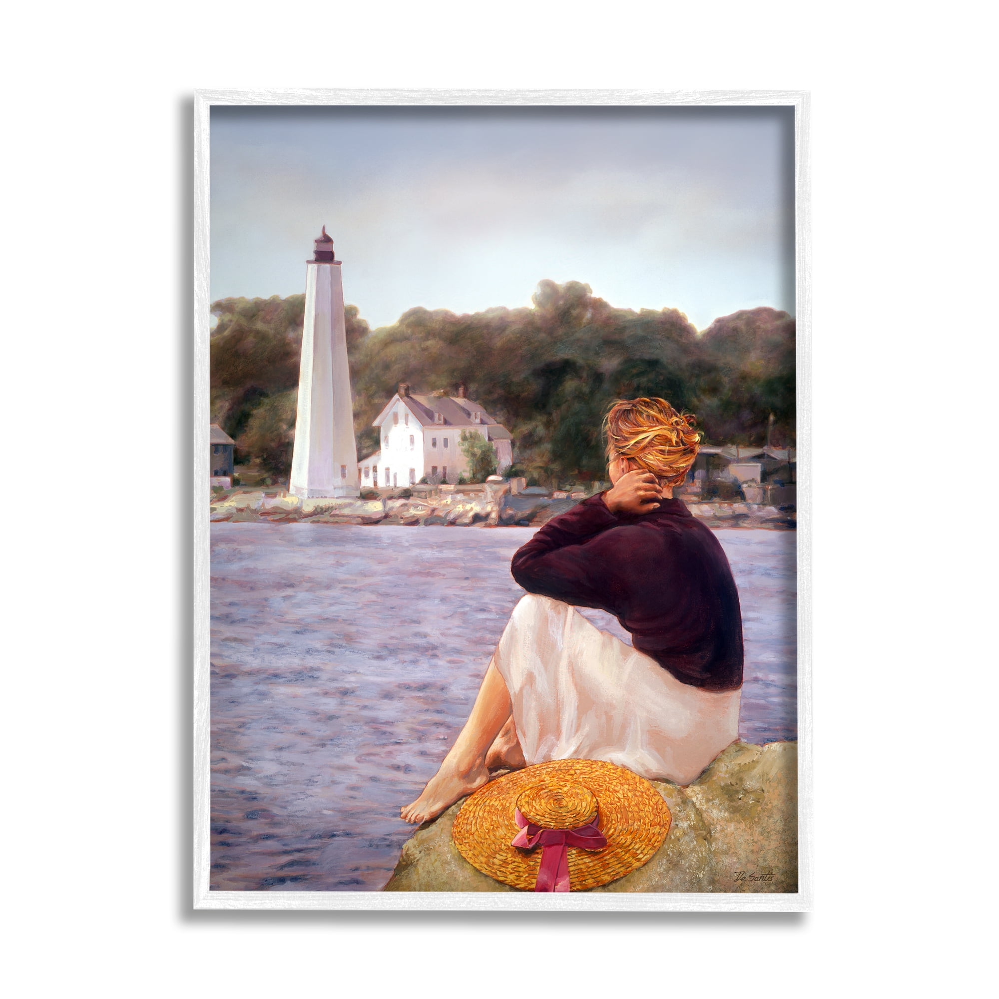 Stupell Industries Woman at Shoreline Coast Lighthouse Realistic Nautical Painting, 16 x 20, Design by Robert Desantis