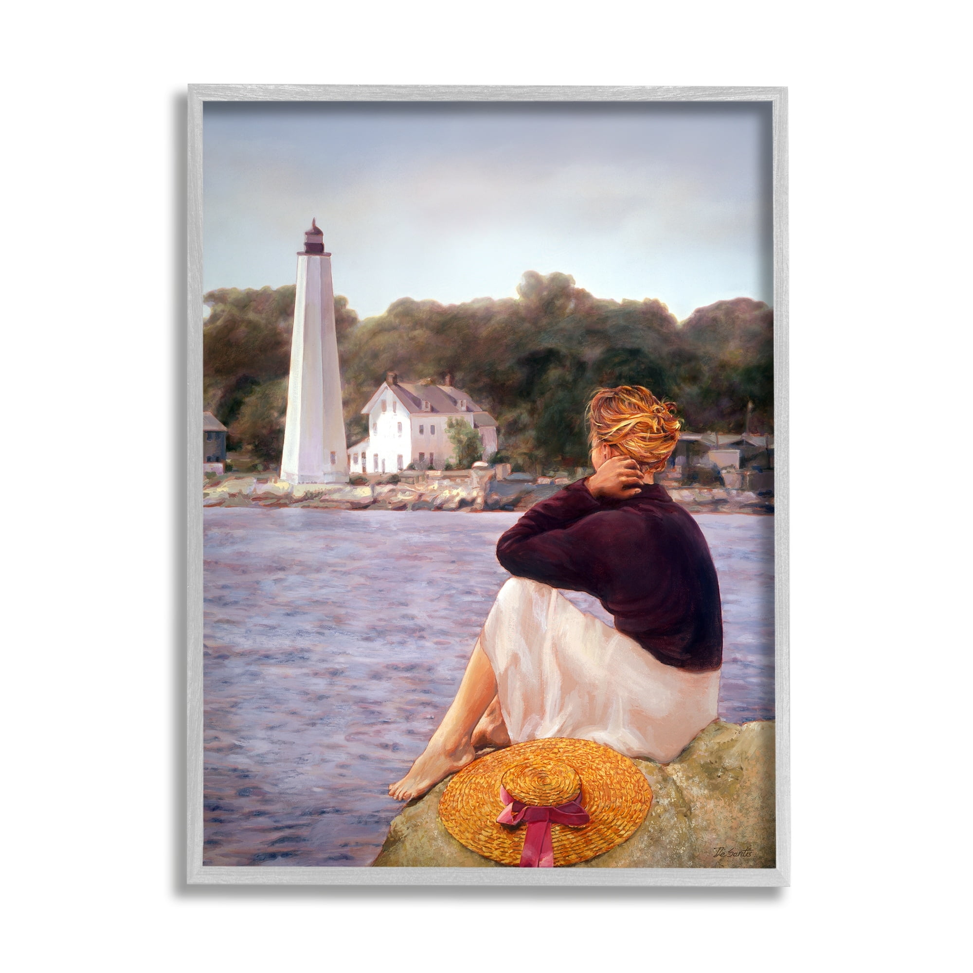 Stupell Industries Woman at Shoreline Coast Lighthouse Realistic Nautical Painting, 16 x 20, Design by Robert Desantis