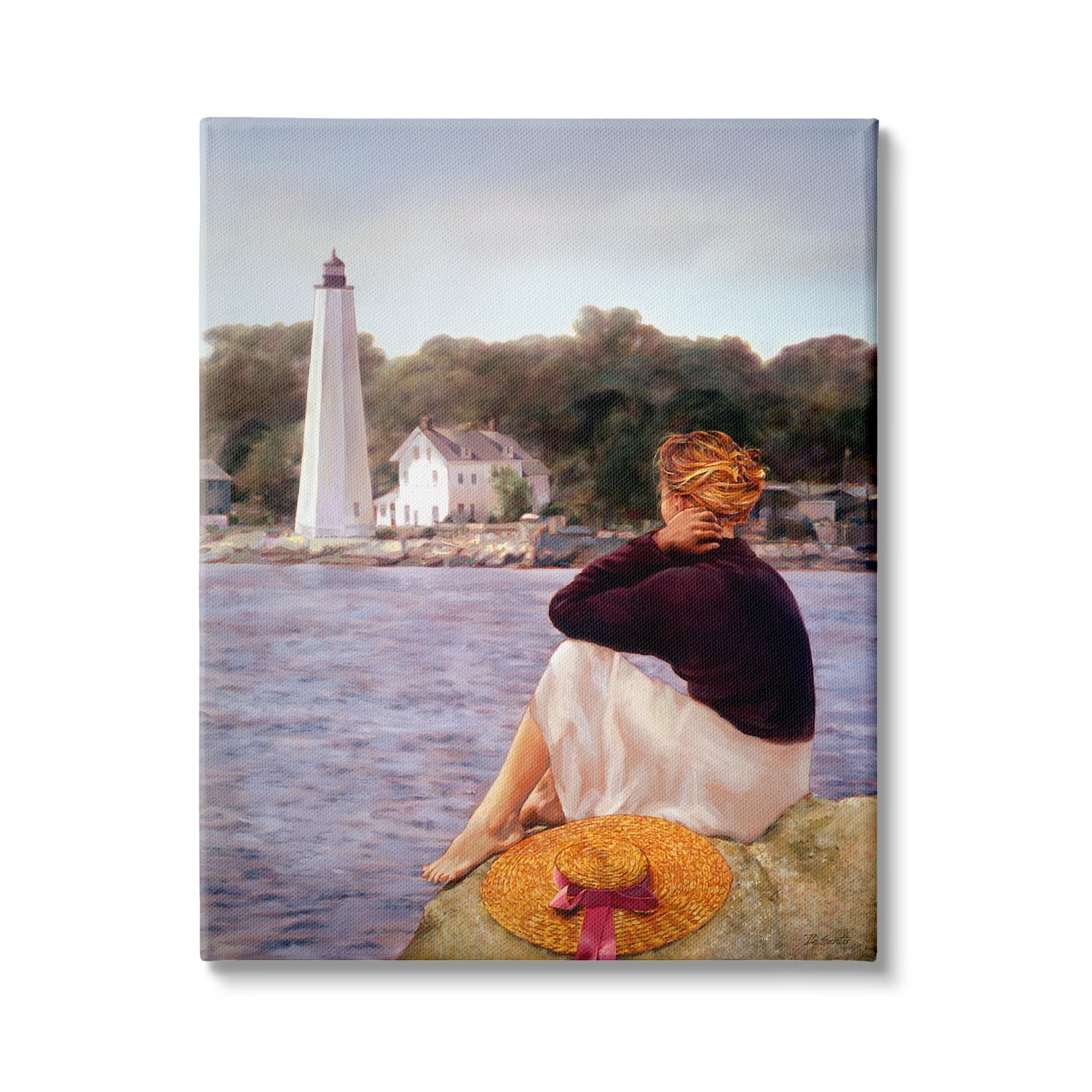 Stupell Industries Woman at Shoreline Coast Lighthouse Realistic Nautical Painting, 16 x 20, Design by Robert Desantis