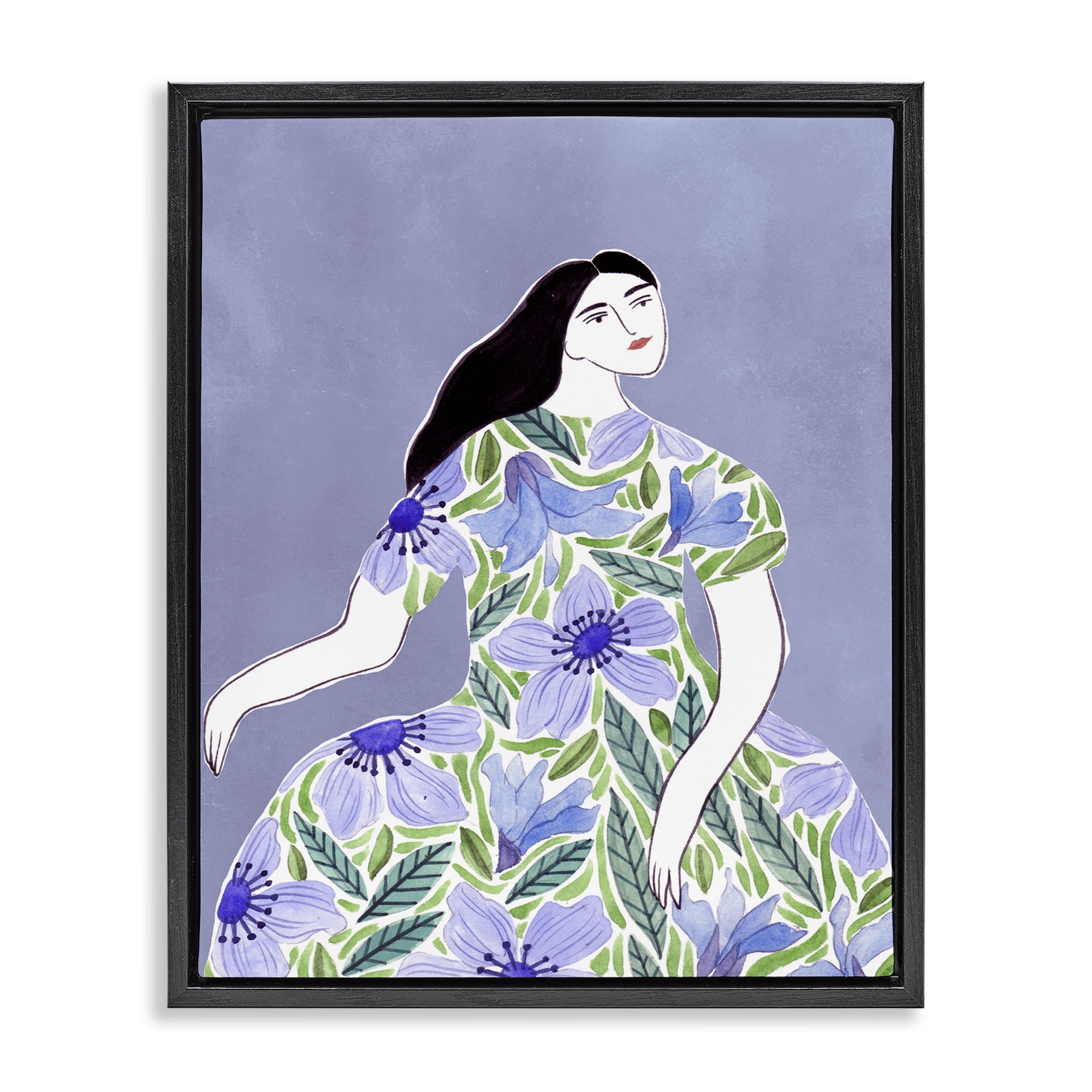 Stupell Industries Woman in Blue Floral Gown People Painting Black Floater Framed Canvas Art Print Wall Art, 25 x 31